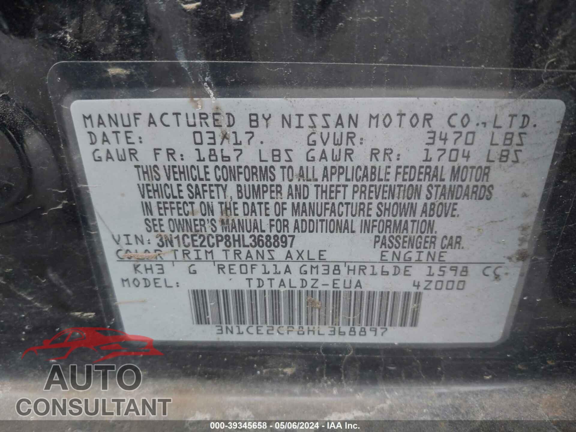 NISSAN VERSA NOTE 2017 - 3N1CE2CP8HL368897