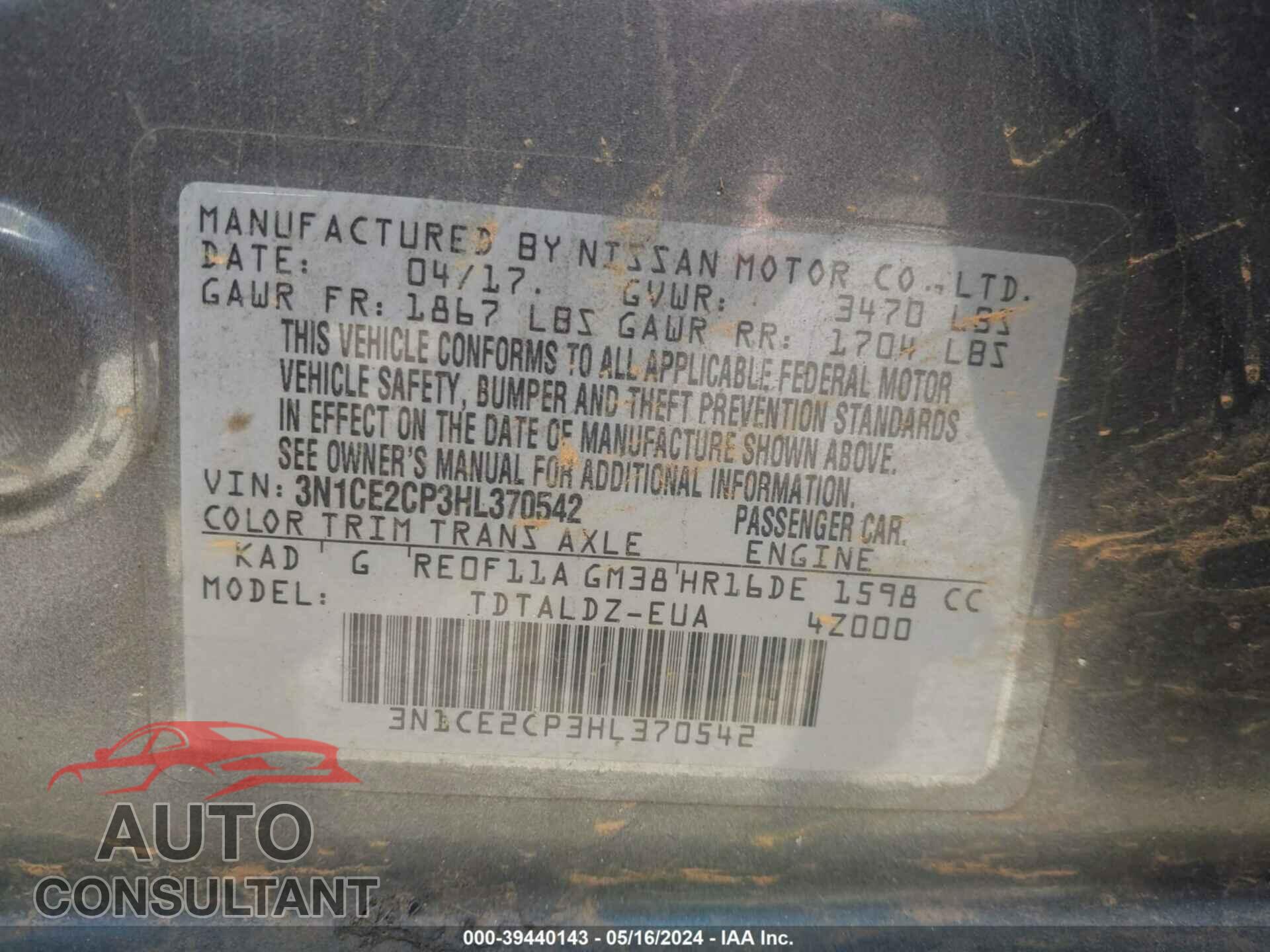 NISSAN VERSA NOTE 2017 - 3N1CE2CP3HL370542