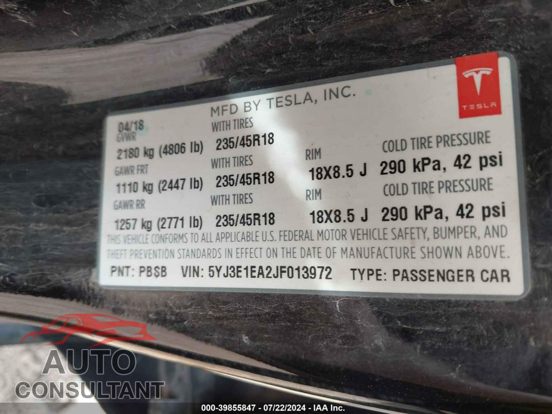 TESLA MODEL 3 2018 - 5YJ3E1EA2JF013972