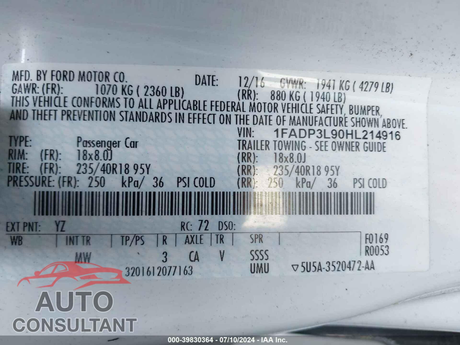 FORD FOCUS ST 2017 - 1FADP3L90HL214916