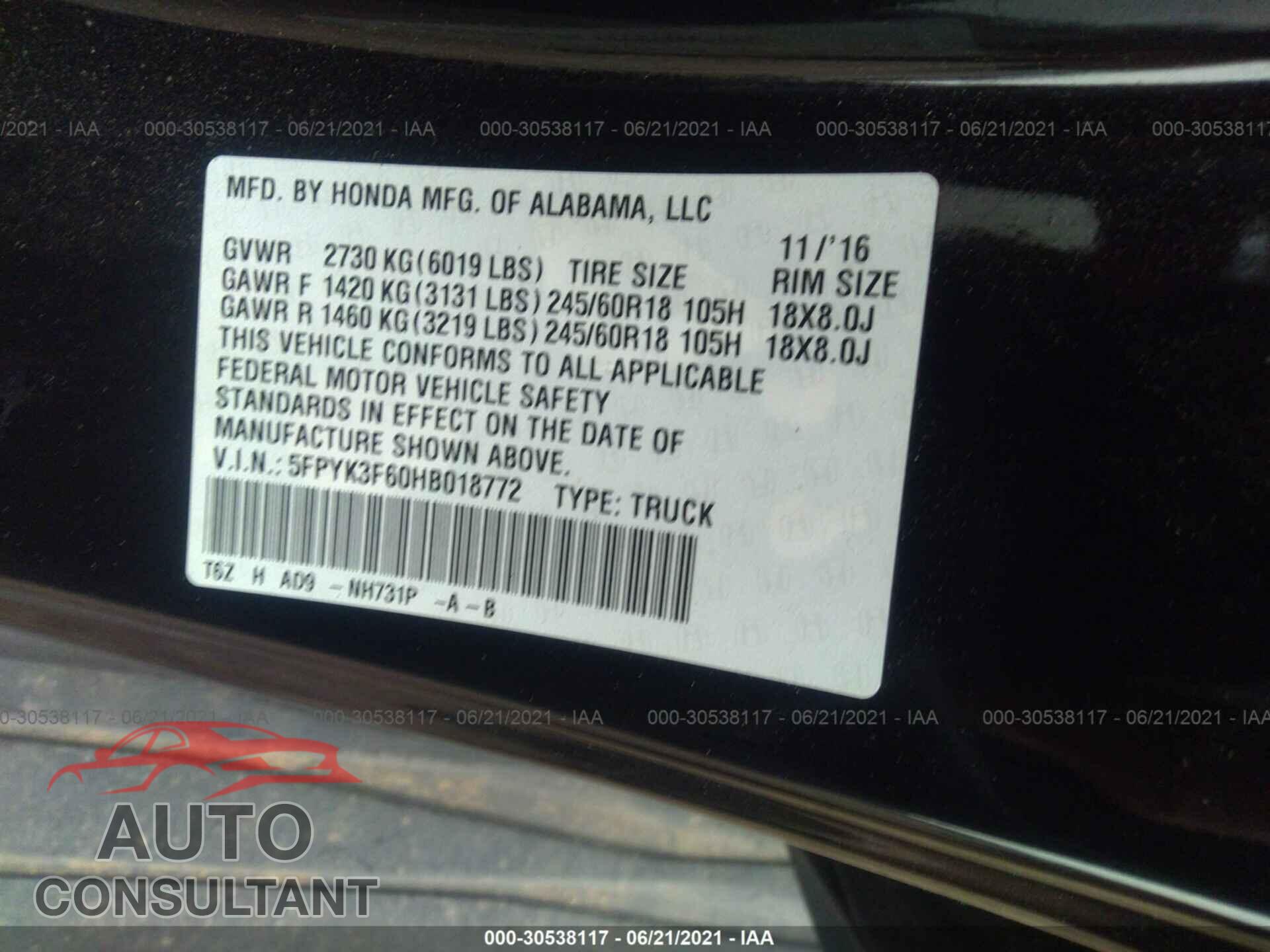HONDA RIDGELINE 2017 - 5FPYK3F60HB018772