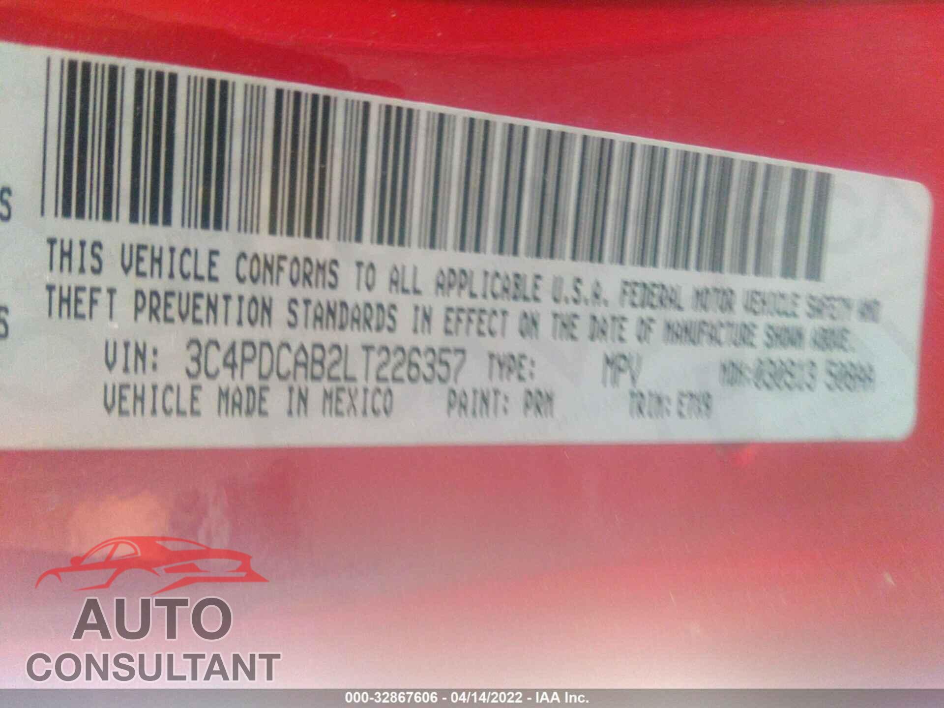 DODGE JOURNEY 2020 - 3C4PDCAB2LT226357