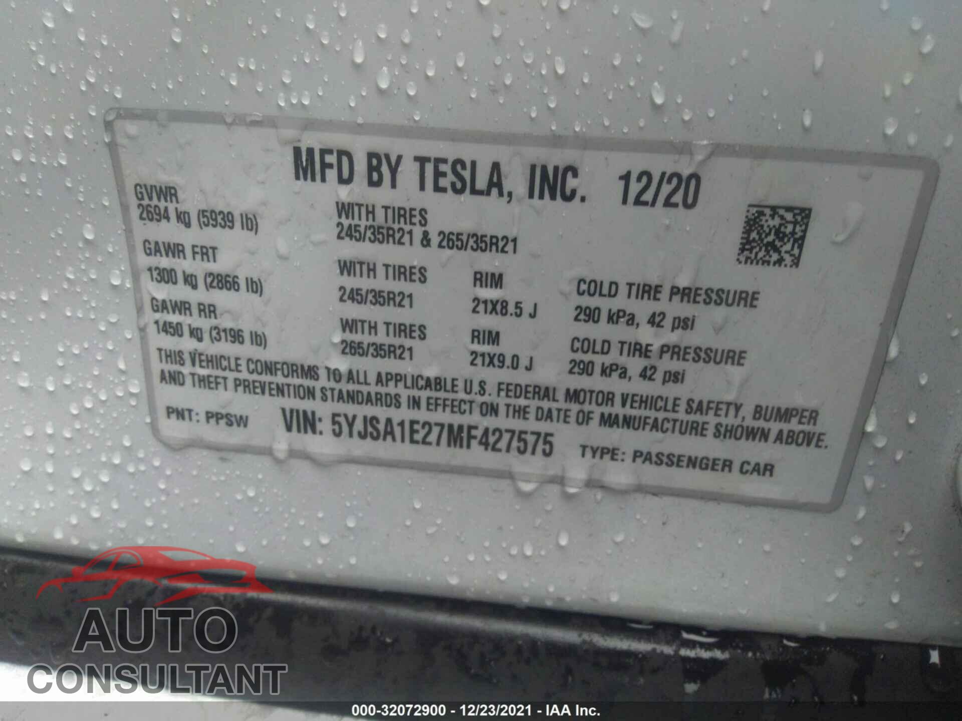 TESLA MODEL S 2021 - 5YJSA1E27MF427575