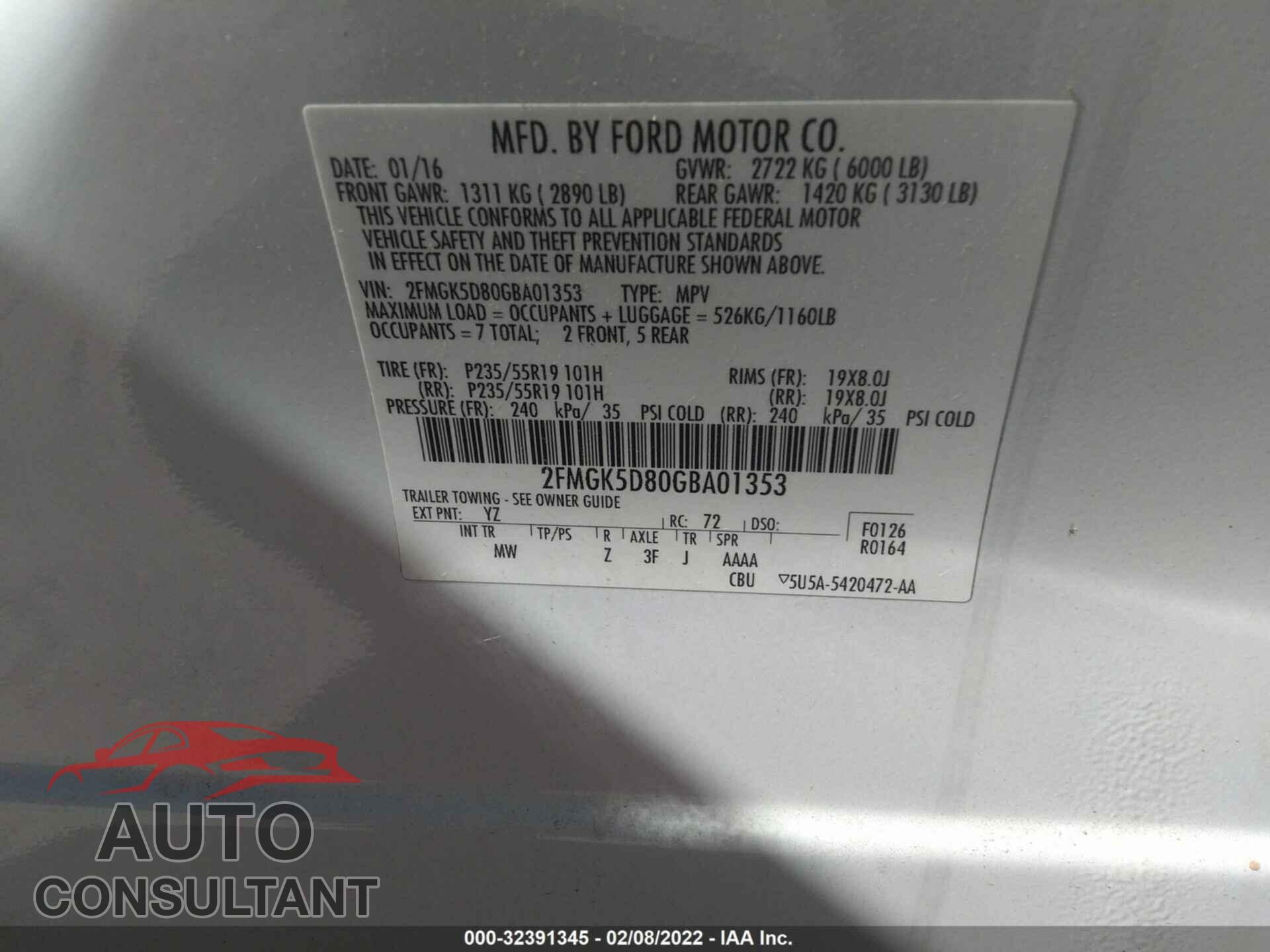 FORD FLEX 2016 - 2FMGK5D80GBA01353