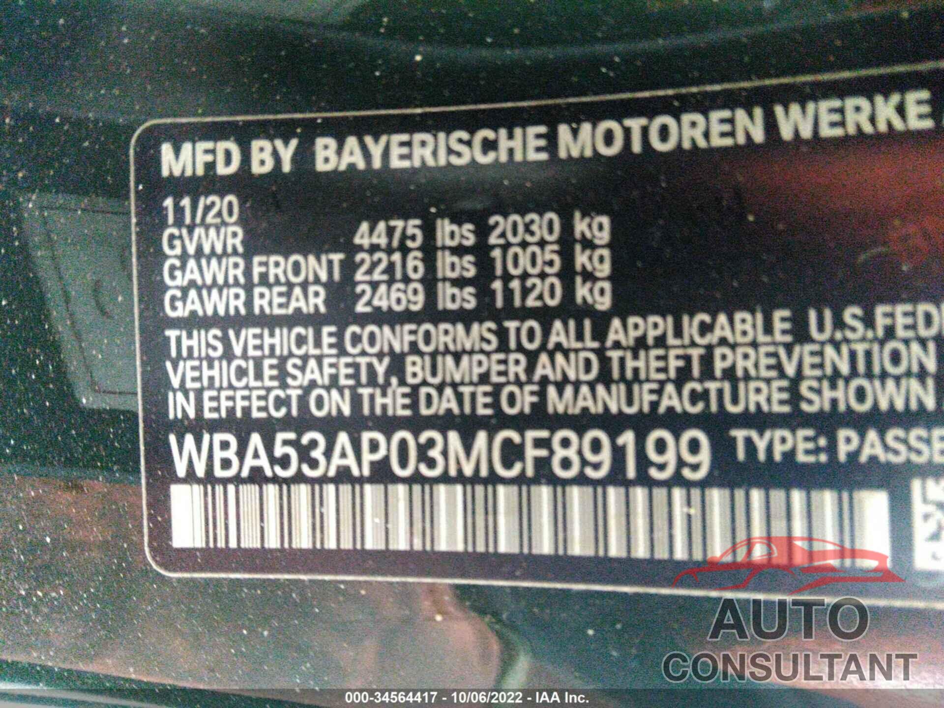 BMW 4 SERIES 2021 - WBA53AP03MCF89199