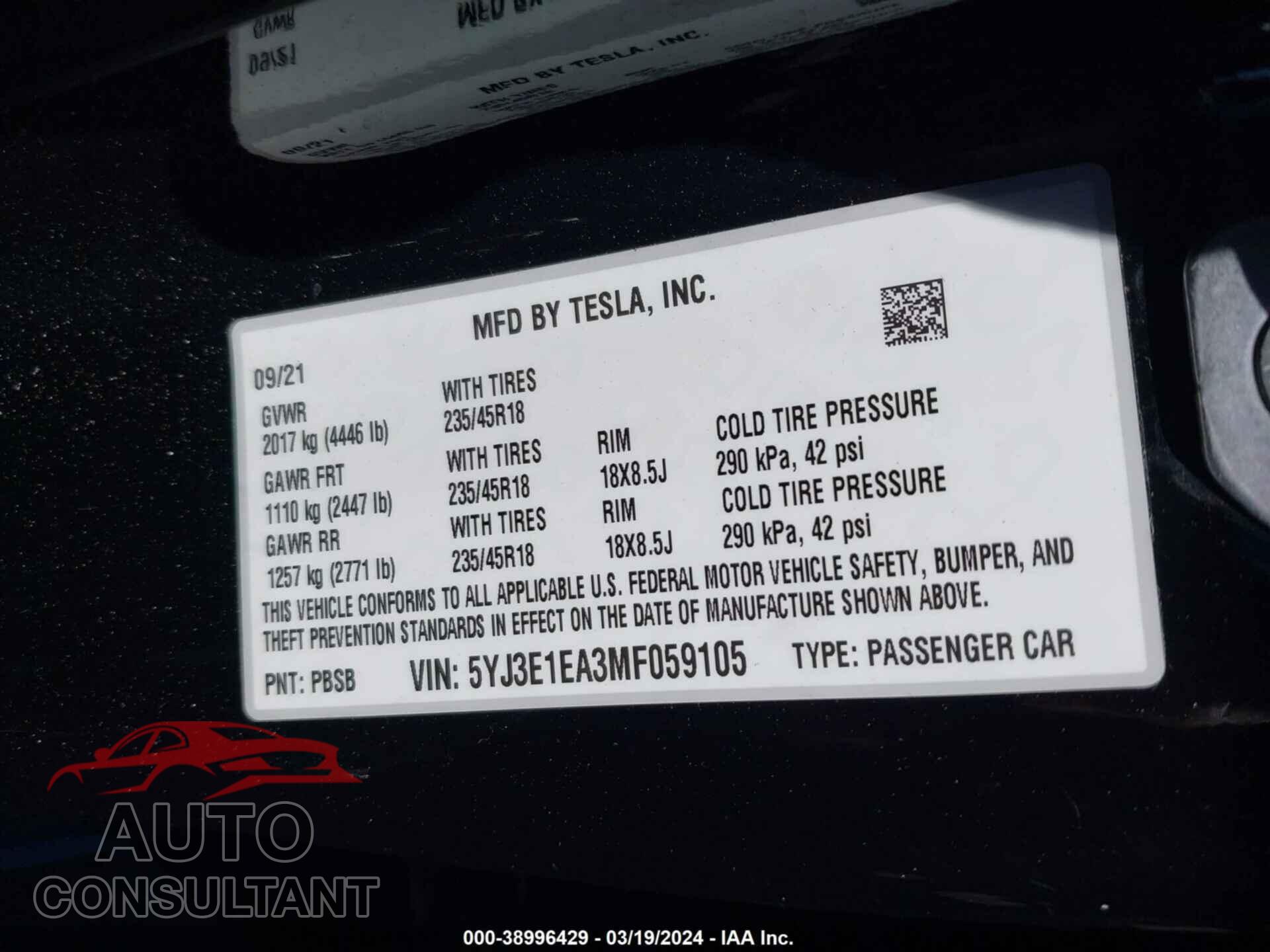 TESLA MODEL 3 2021 - 5YJ3E1EA3MF059105