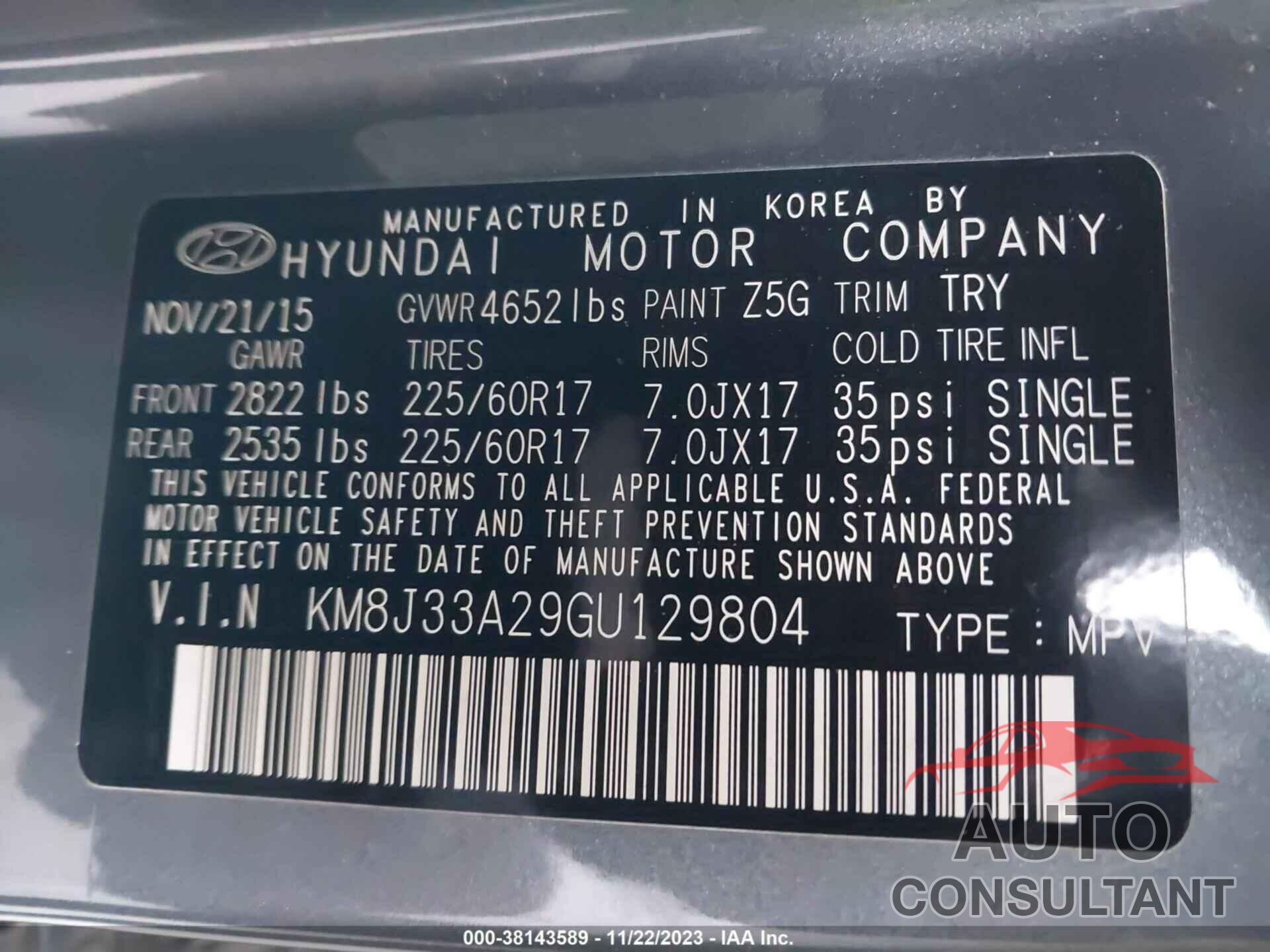 HYUNDAI TUCSON 2016 - KM8J33A29GU129804