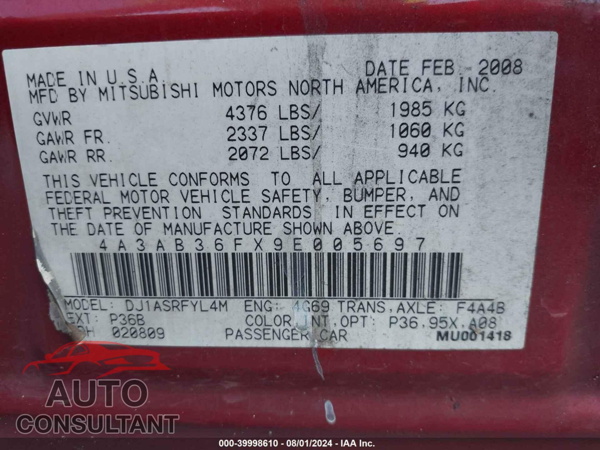 MITSUBISHI GALANT 2009 - 4A3AB36FX9E005697