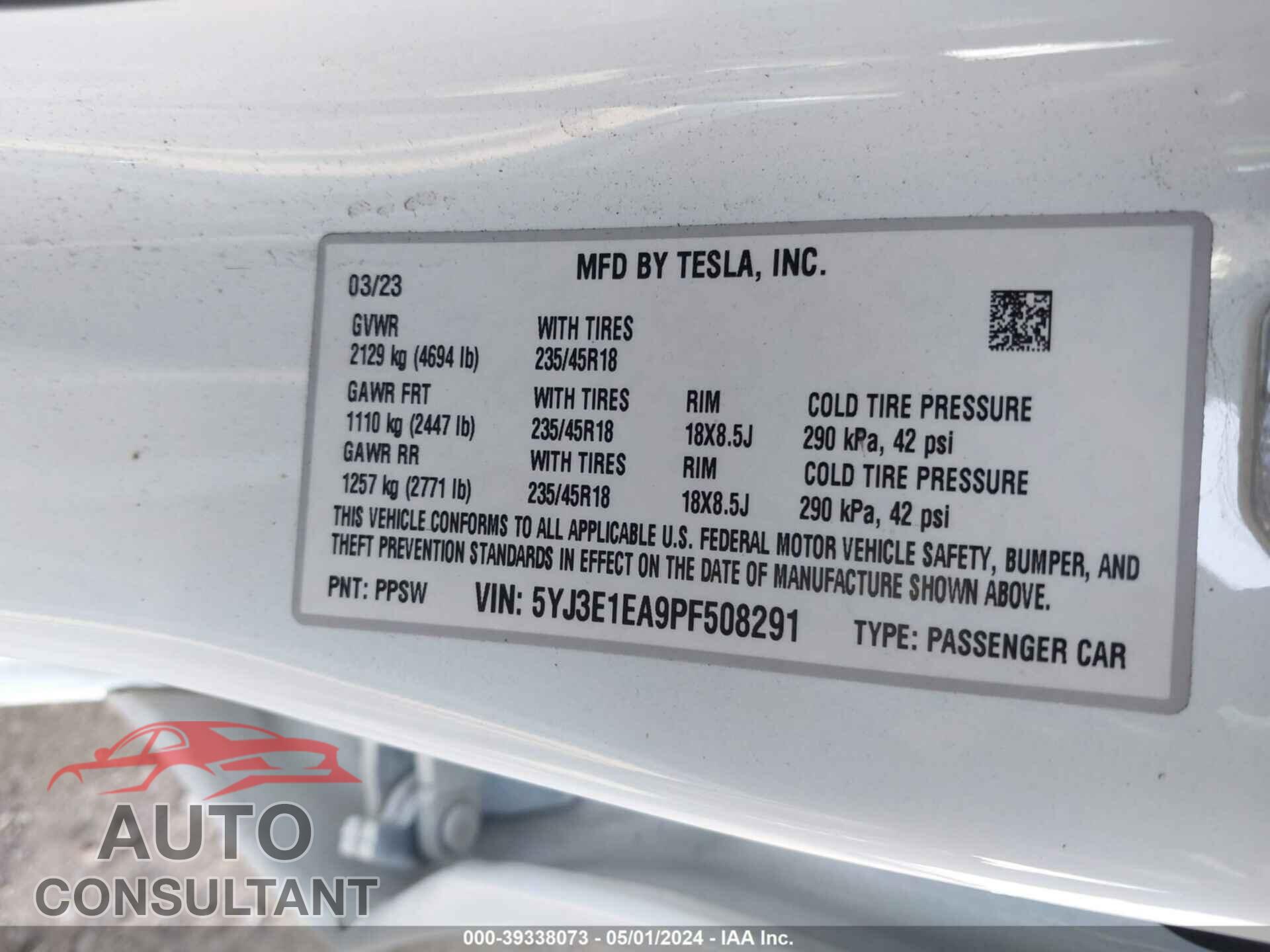 TESLA MODEL 3 2023 - 5YJ3E1EA9PF508291