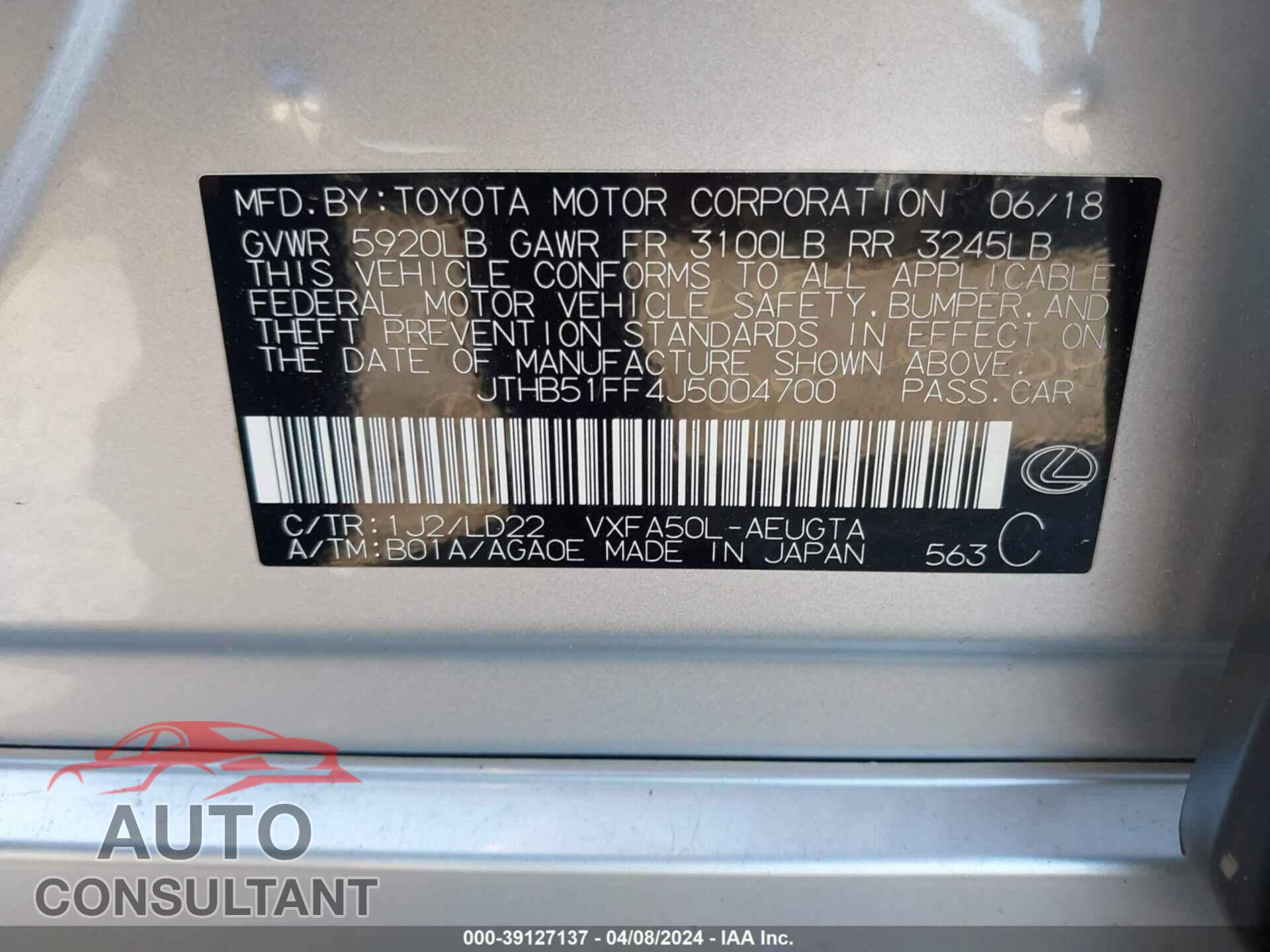 LEXUS LS 2018 - JTHB51FF4J5004700