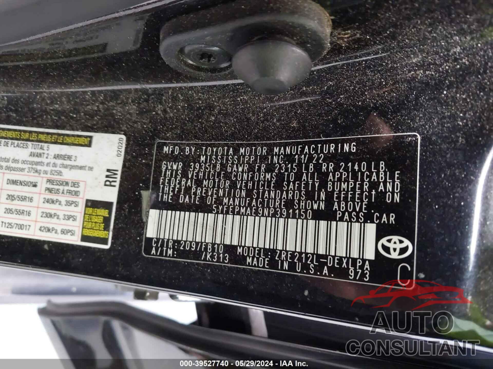 TOYOTA COROLLA 2022 - 5YFEPMAE9NP391150