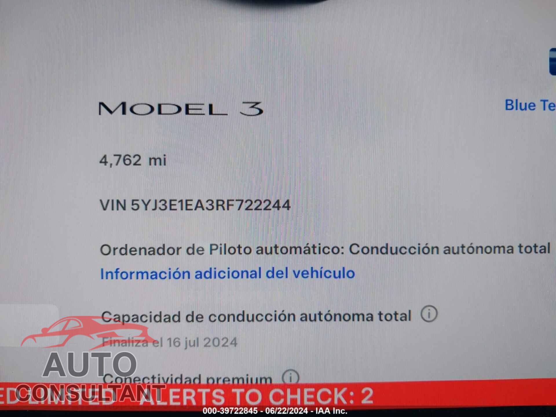 TESLA MODEL 3 2024 - 5YJ3E1EA3RF722244