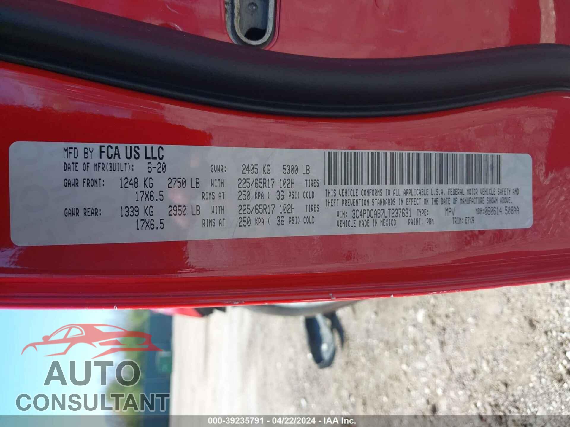 DODGE JOURNEY 2020 - 3C4PDCAB7LT237631