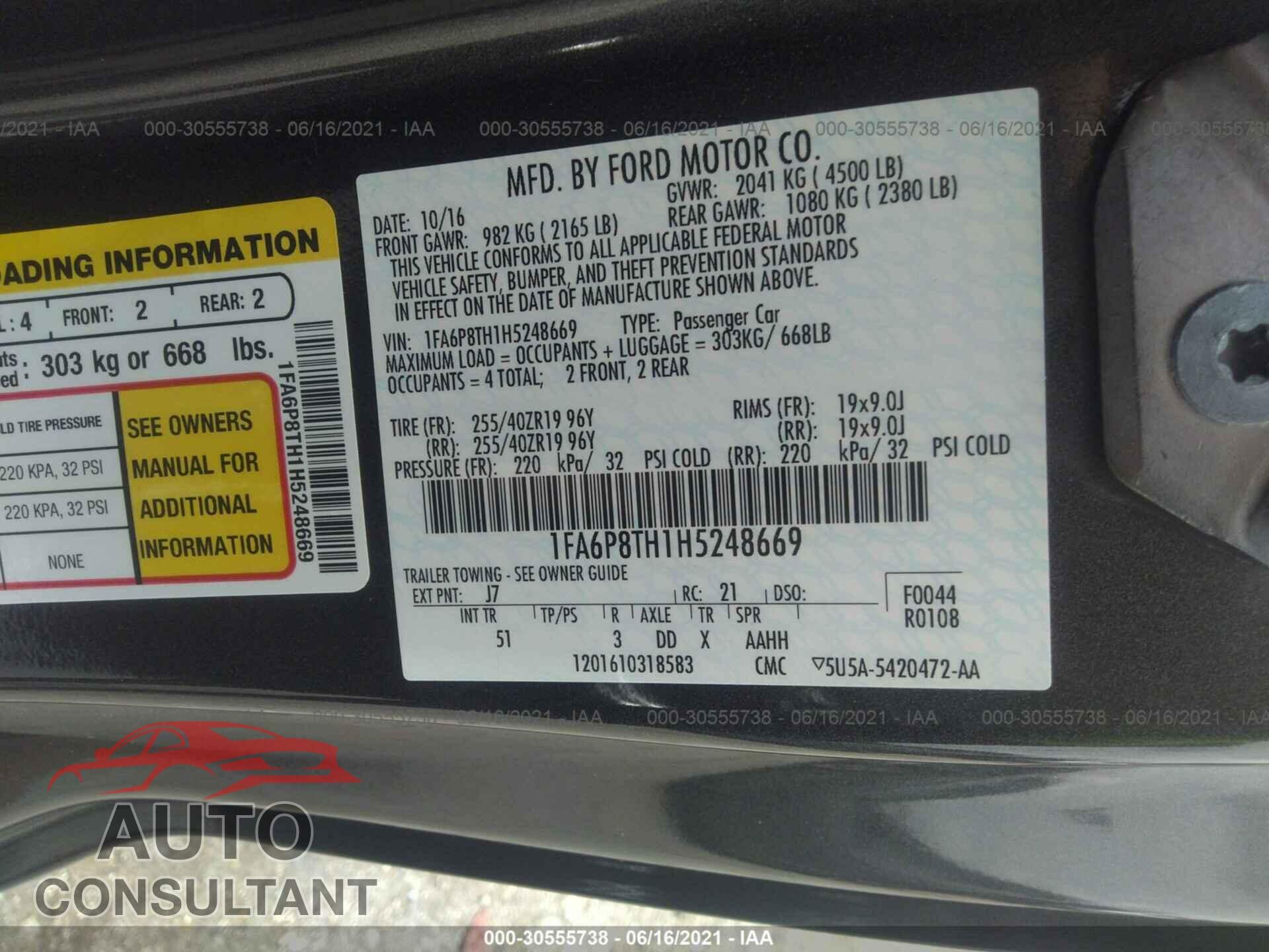 FORD MUSTANG 2017 - 1FA6P8TH1H5248669