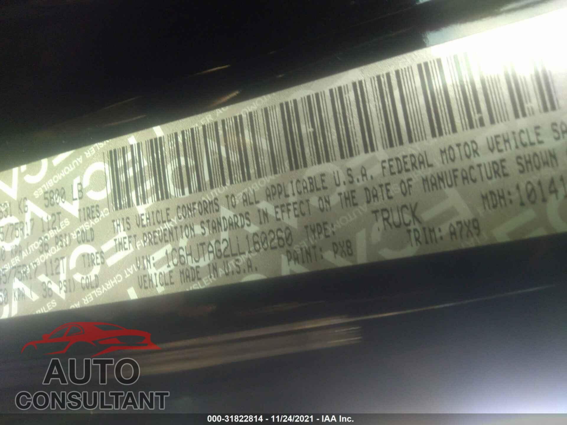 JEEP GLADIATOR 2020 - 1C6HJTAG2LL160260