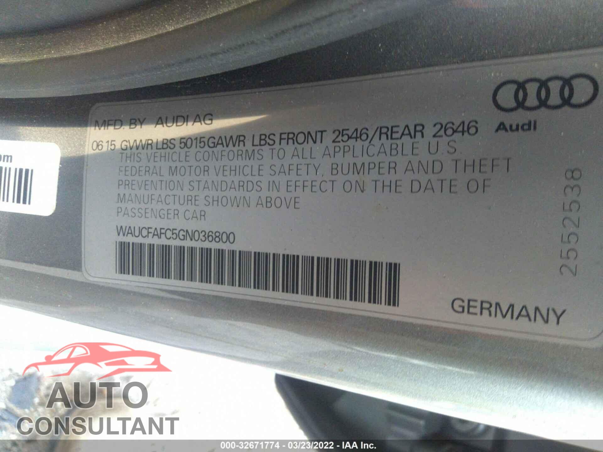 AUDI A6 2016 - WAUCFAFC5GN036800