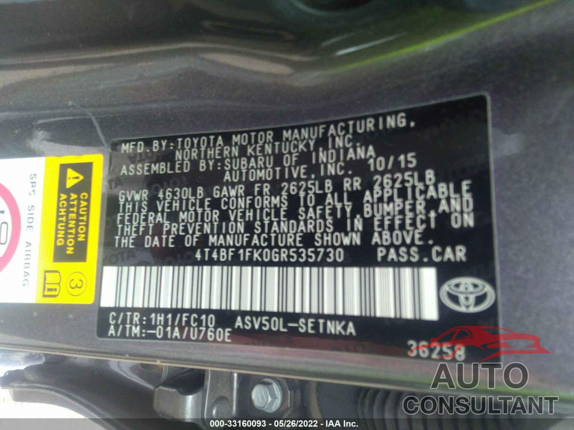 TOYOTA CAMRY 2016 - 4T4BF1FK0GR535730