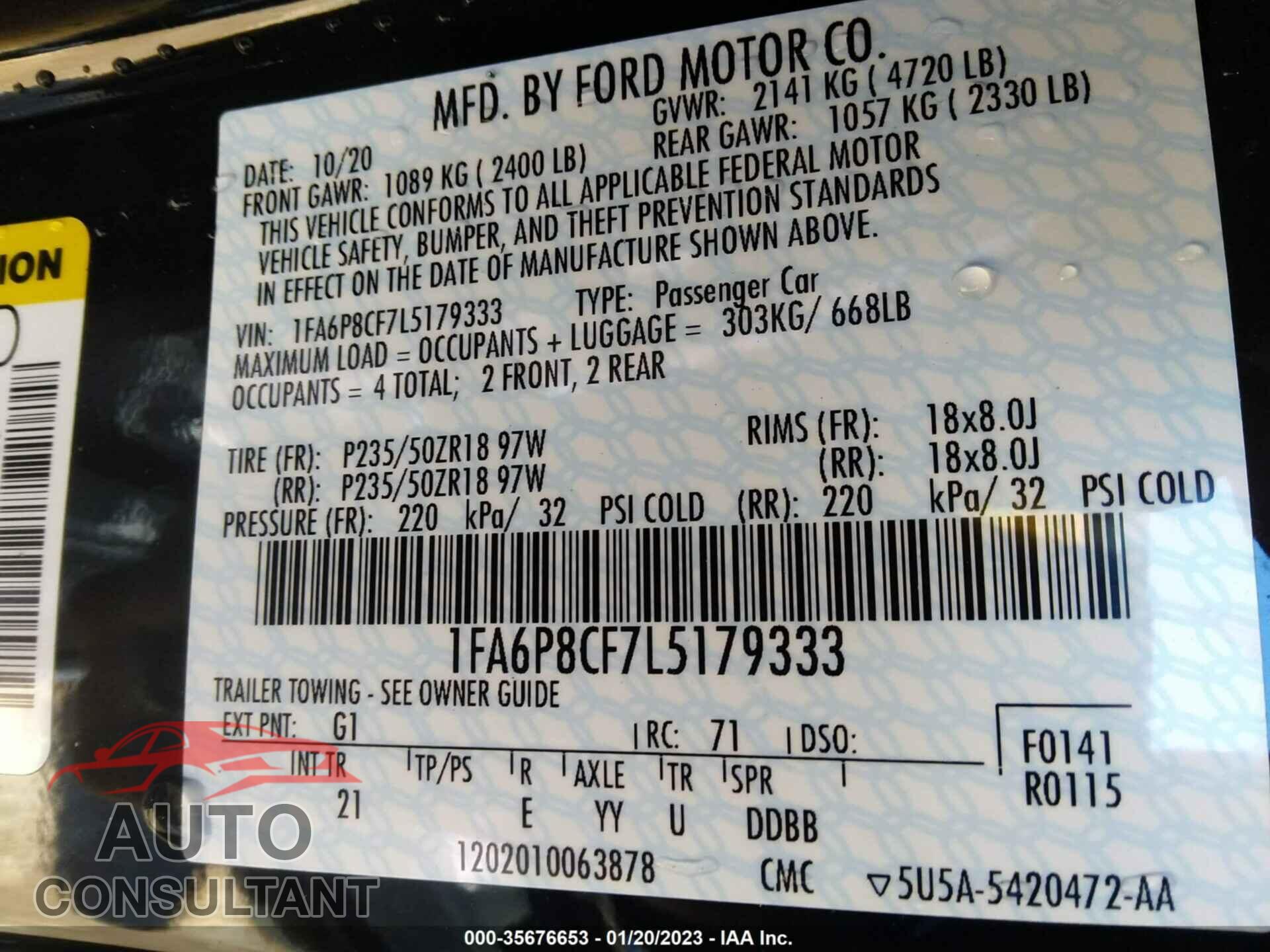 FORD MUSTANG 2020 - 1FA6P8CF7L5179333
