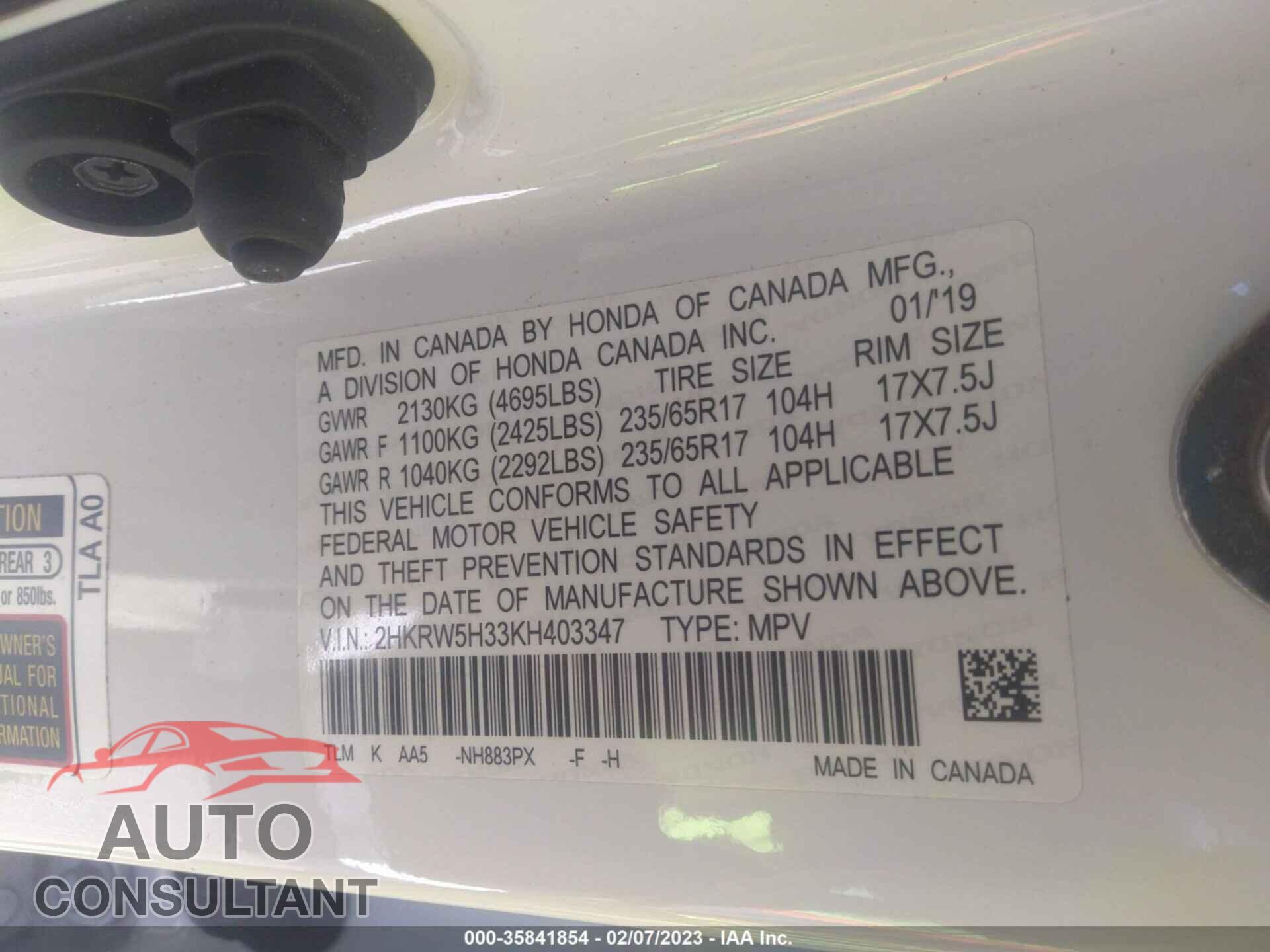 HONDA CR-V 2019 - 2HKRW5H33KH403347