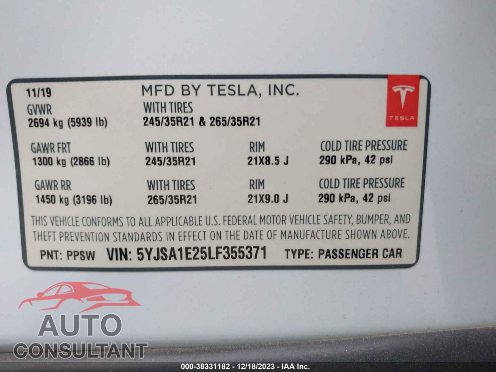 TESLA MODEL S 2020 - 5YJSA1E25LF355371