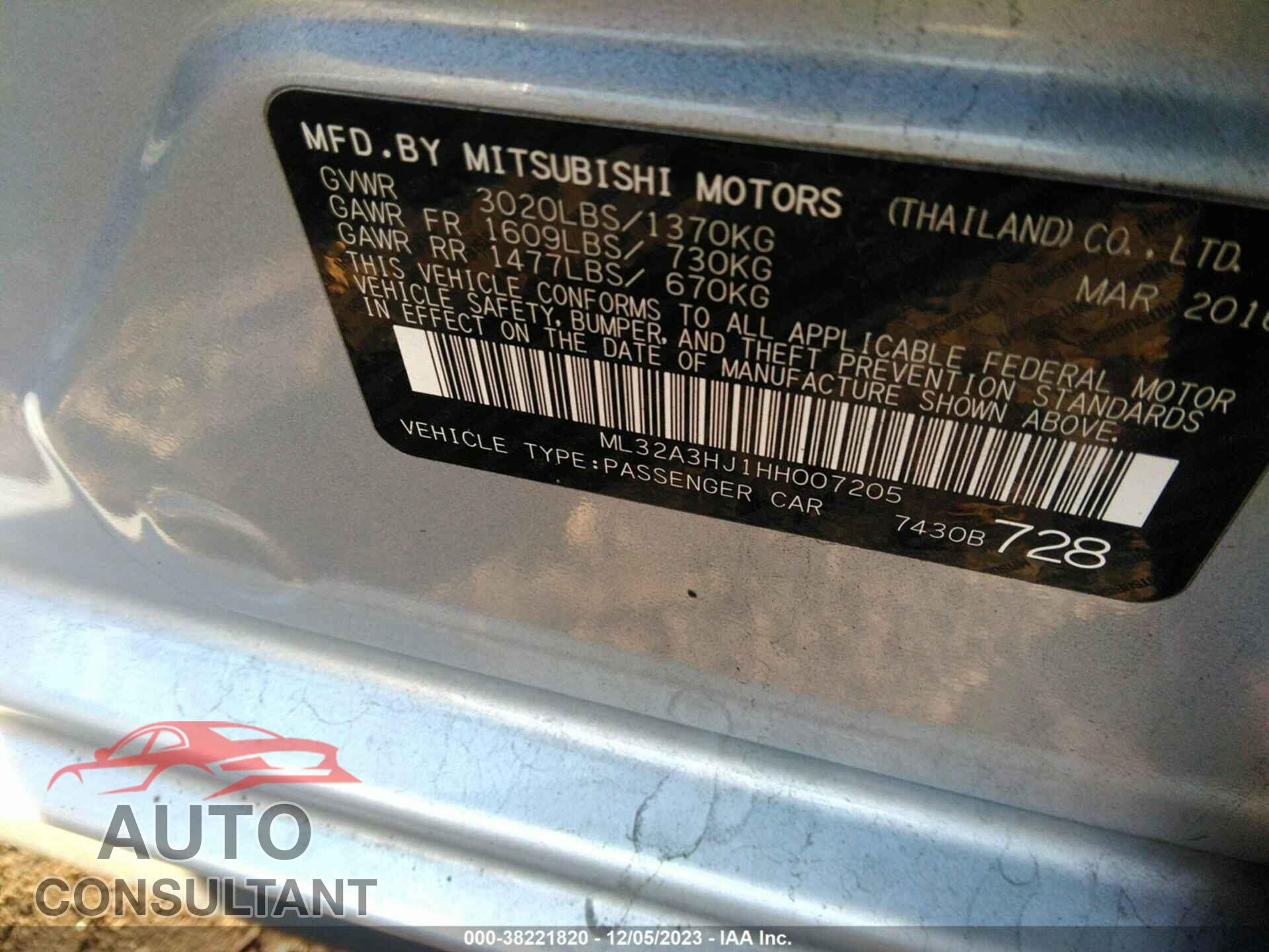 MITSUBISHI MIRAGE 2017 - ML32A3HJ1HH007205