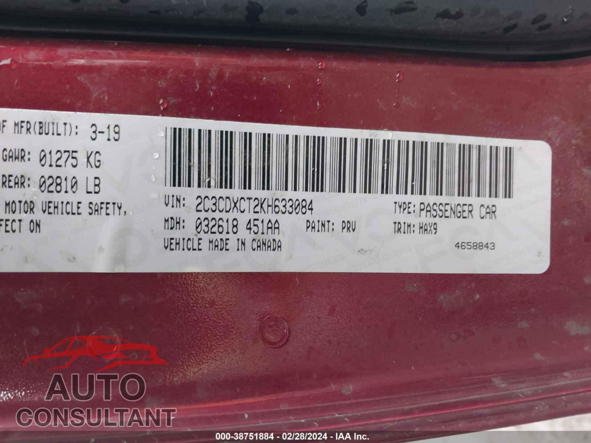 DODGE CHARGER 2019 - 2C3CDXCT2KH633084