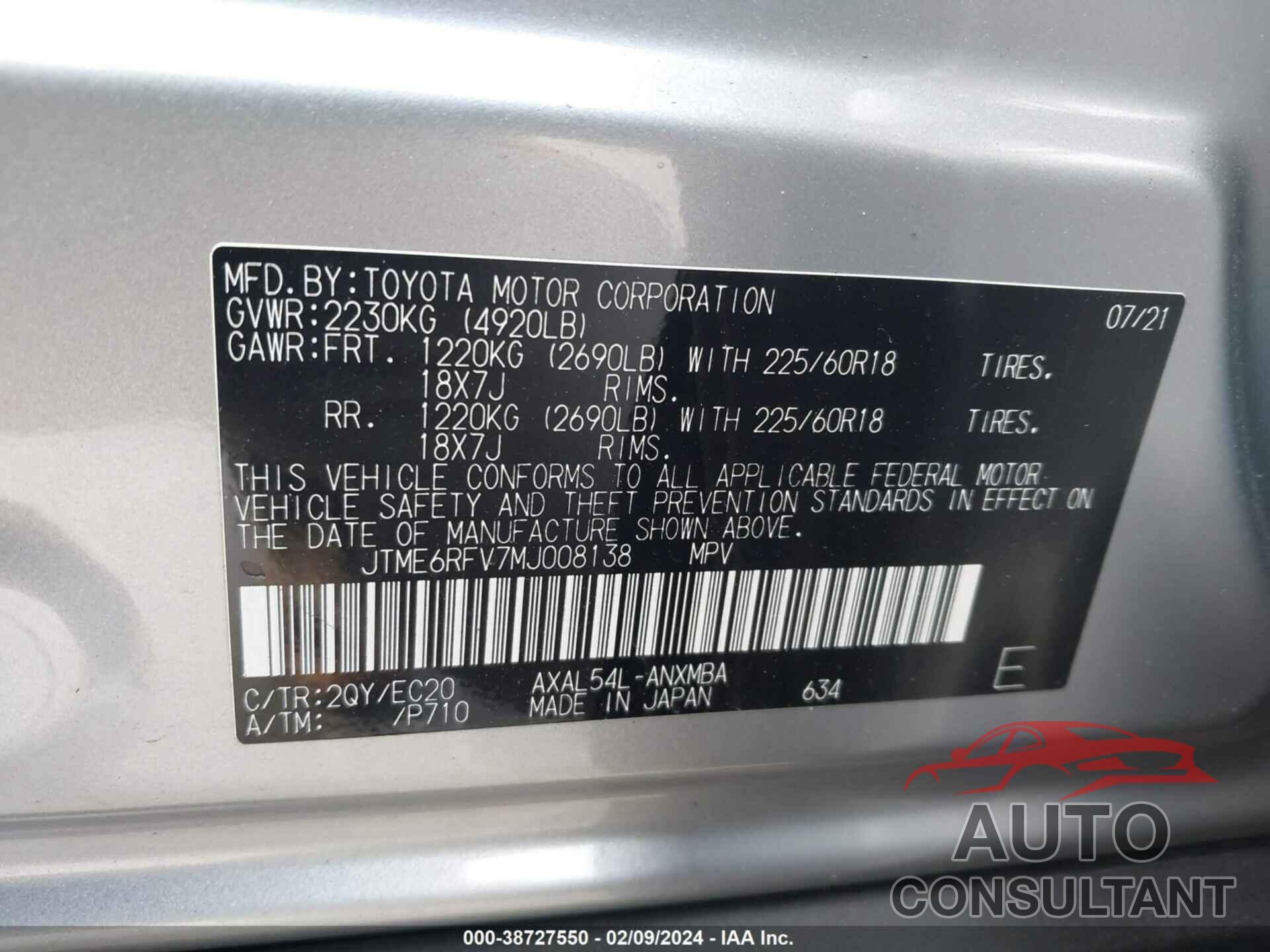 TOYOTA RAV4 2021 - JTME6RFV7MJ008138