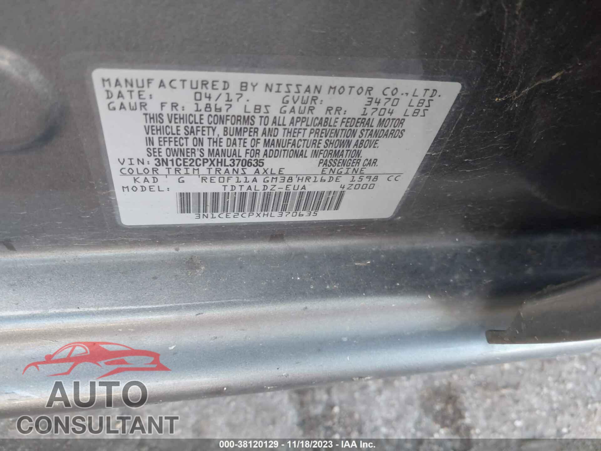 NISSAN VERSA NOTE 2017 - 3N1CE2CPXHL370635