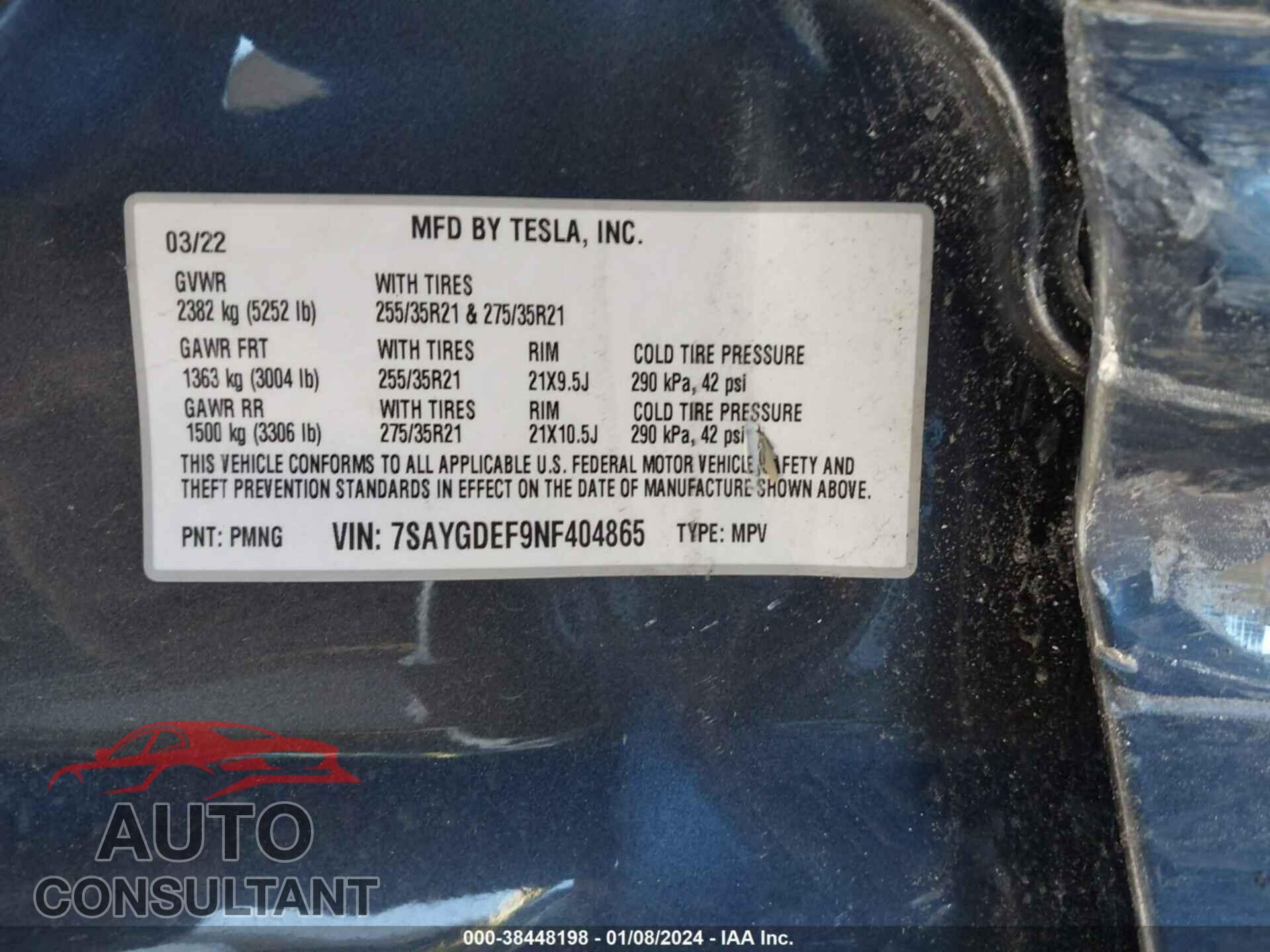 TESLA MODEL Y 2022 - 7SAYGDEF9NF404865
