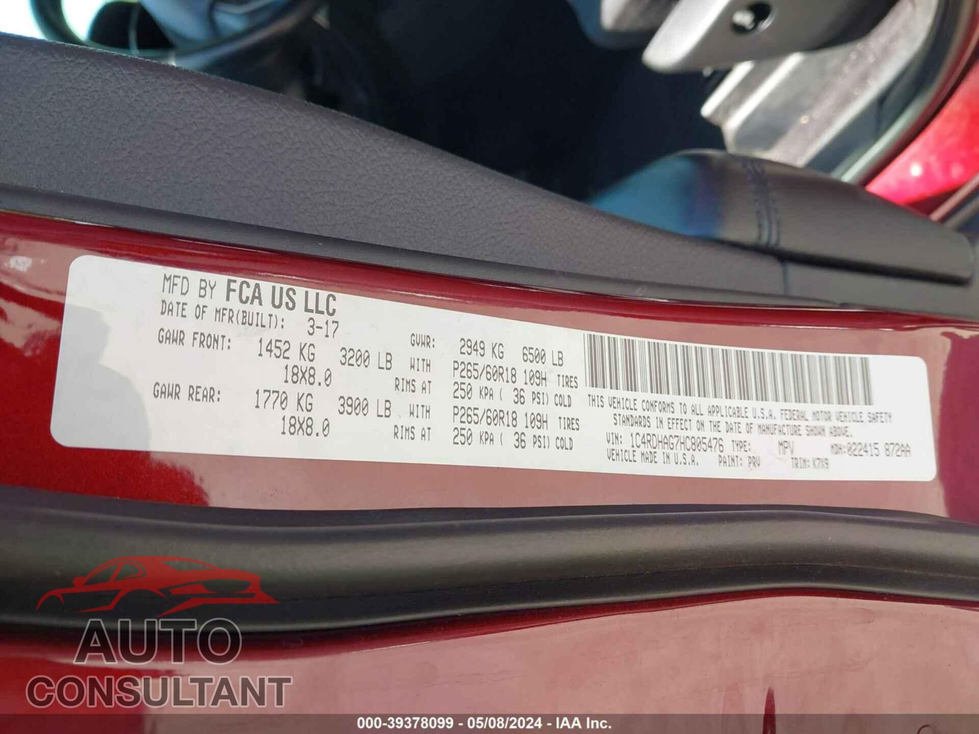 DODGE DURANGO 2017 - 1C4RDHAG7HC805476