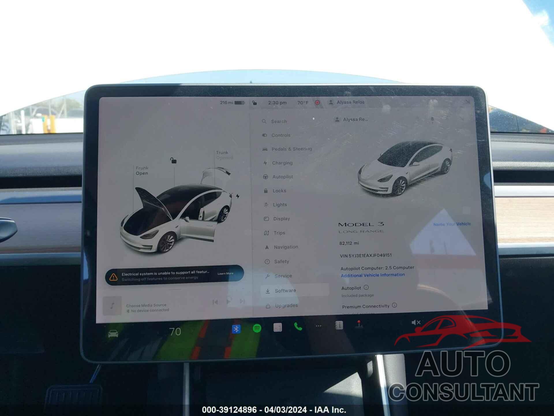 TESLA MODEL 3 2018 - 5YJ3E1EAXJF049151