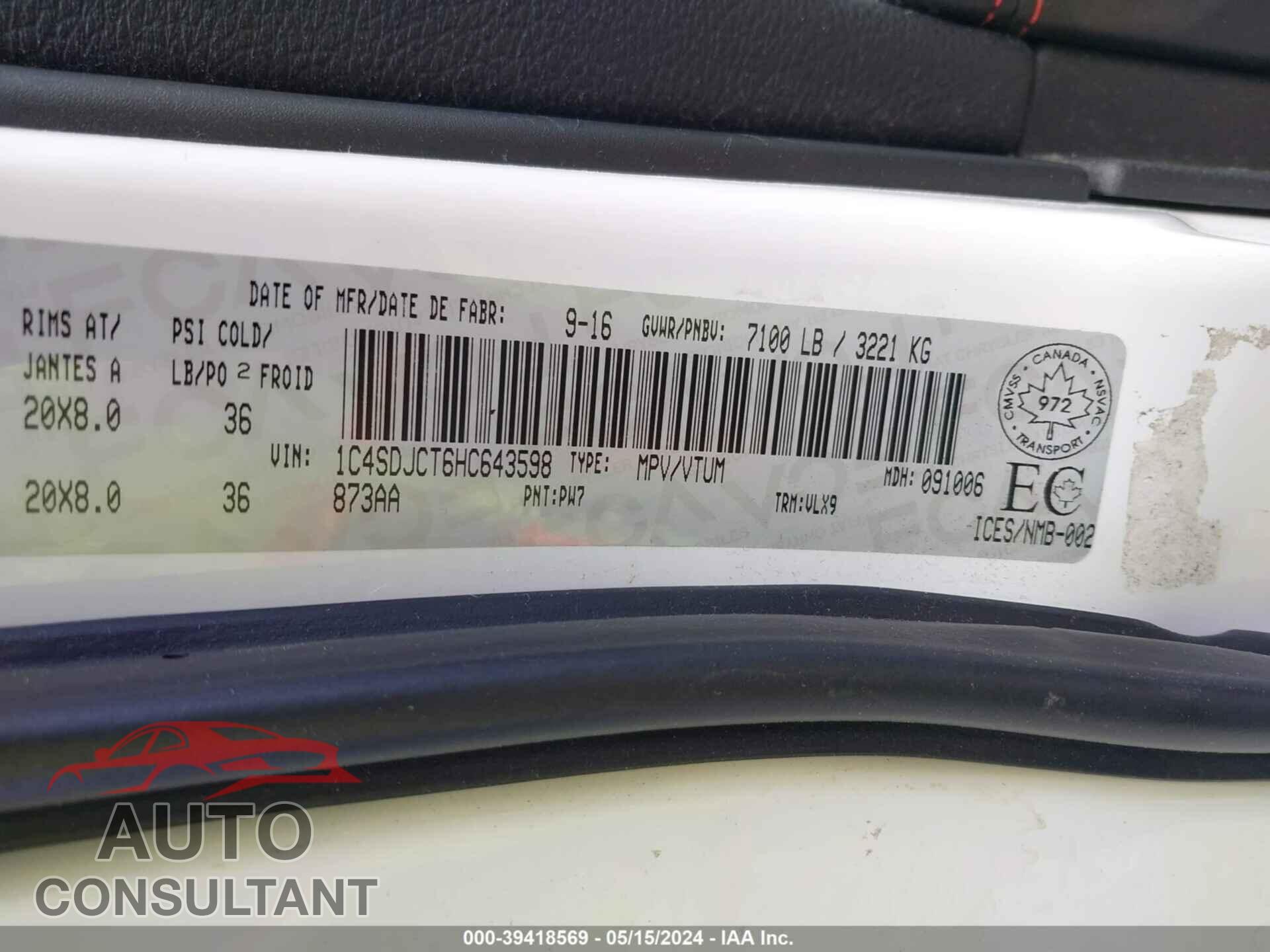 DODGE DURANGO 2017 - 1C4SDJCT6HC643598
