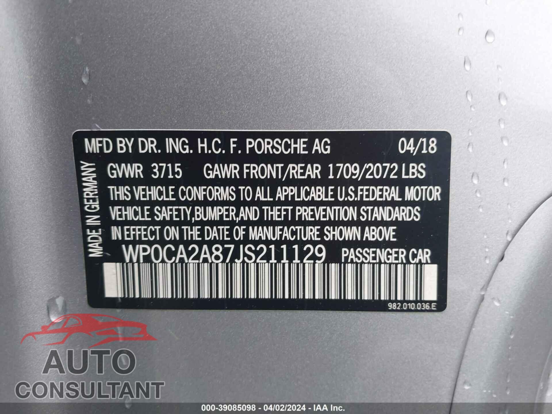 PORSCHE 718 BOXSTER 2018 - WP0CA2A87JS211129