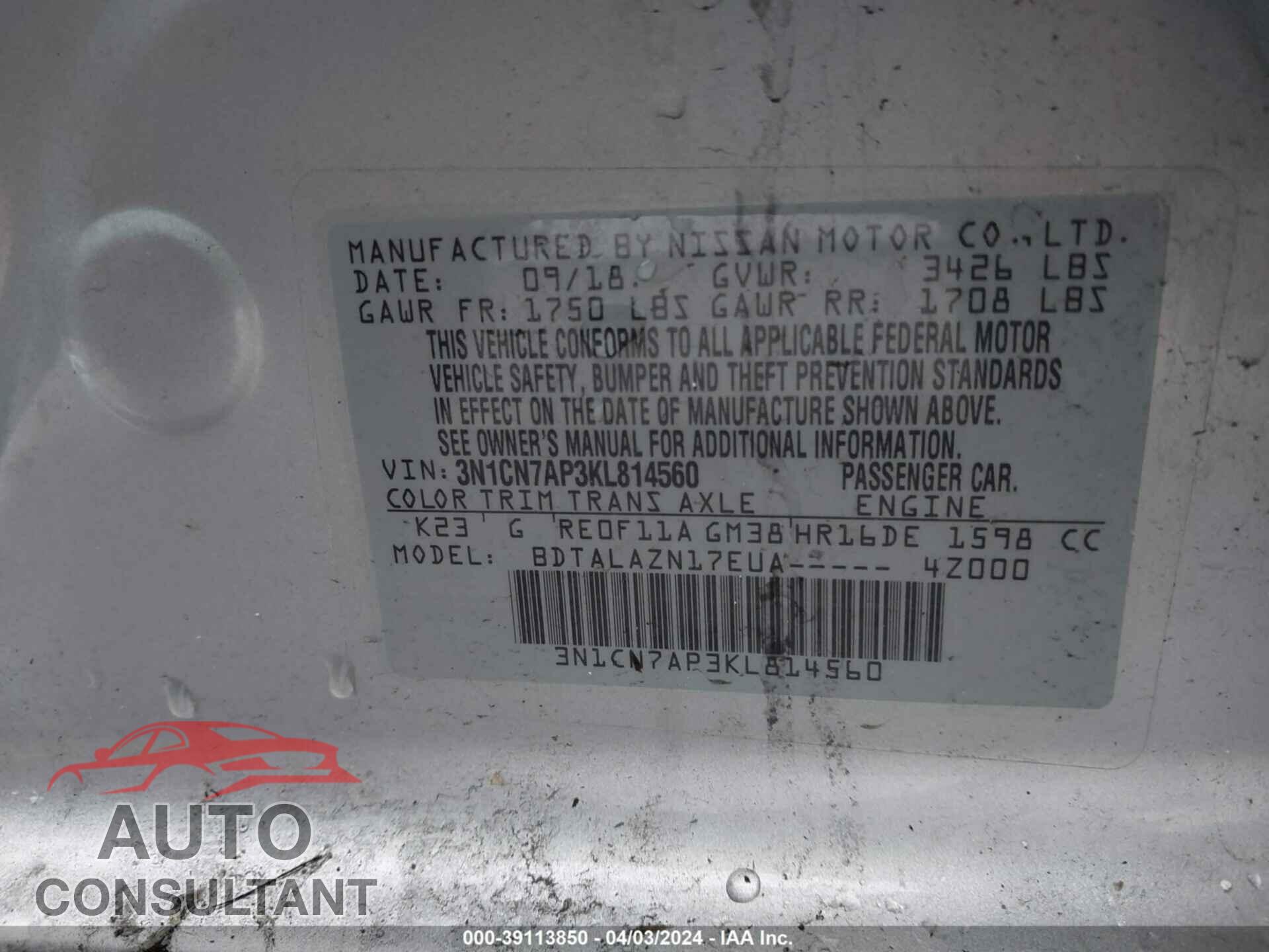 NISSAN VERSA 2019 - 3N1CN7AP3KL814560