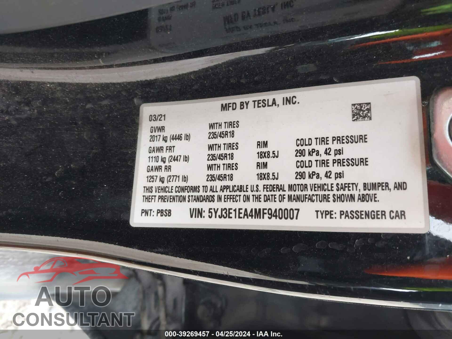 TESLA MODEL 3 2021 - 5YJ3E1EA4MF940007