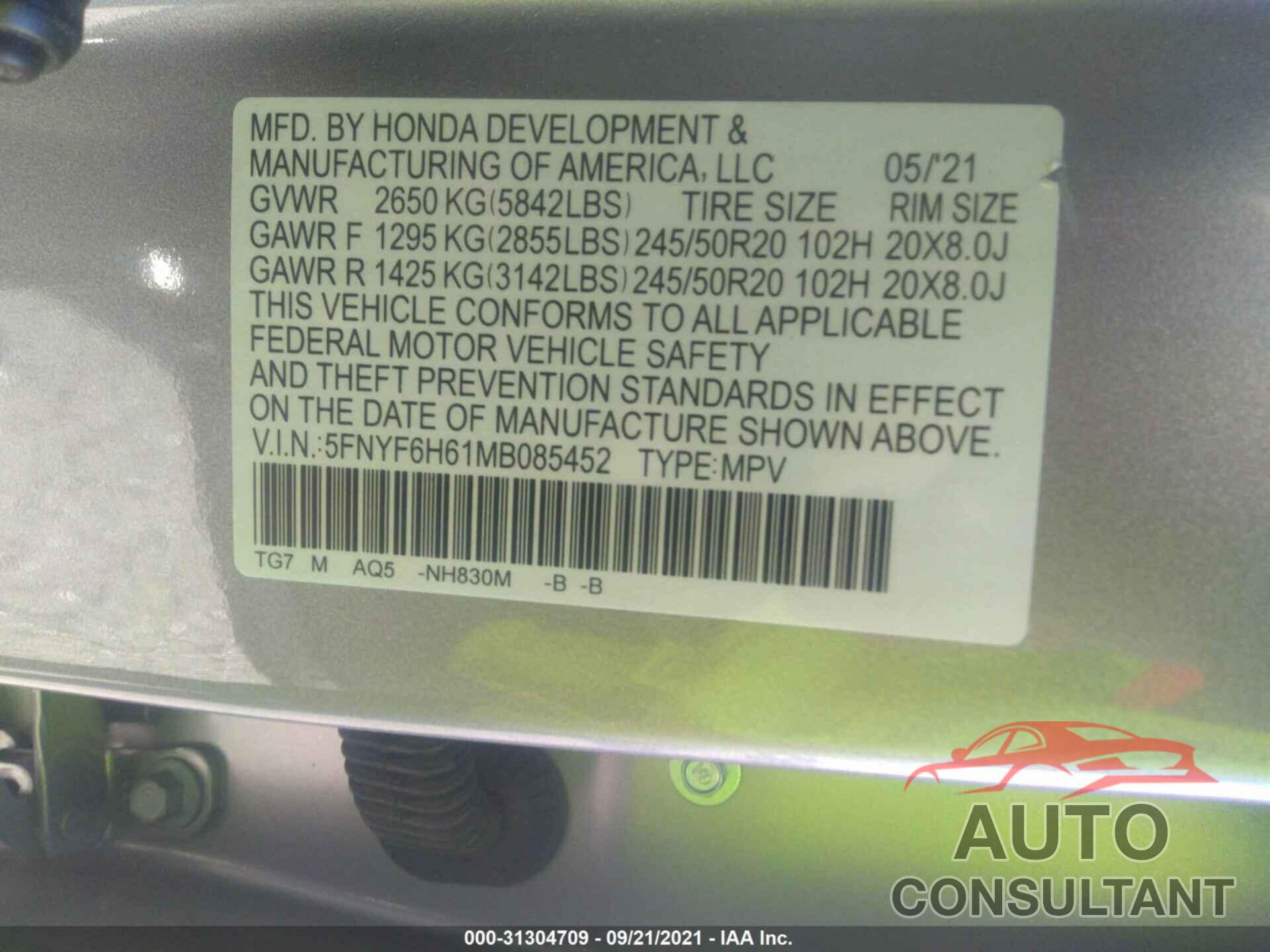 HONDA PILOT 2021 - 5FNYF6H61MB085452