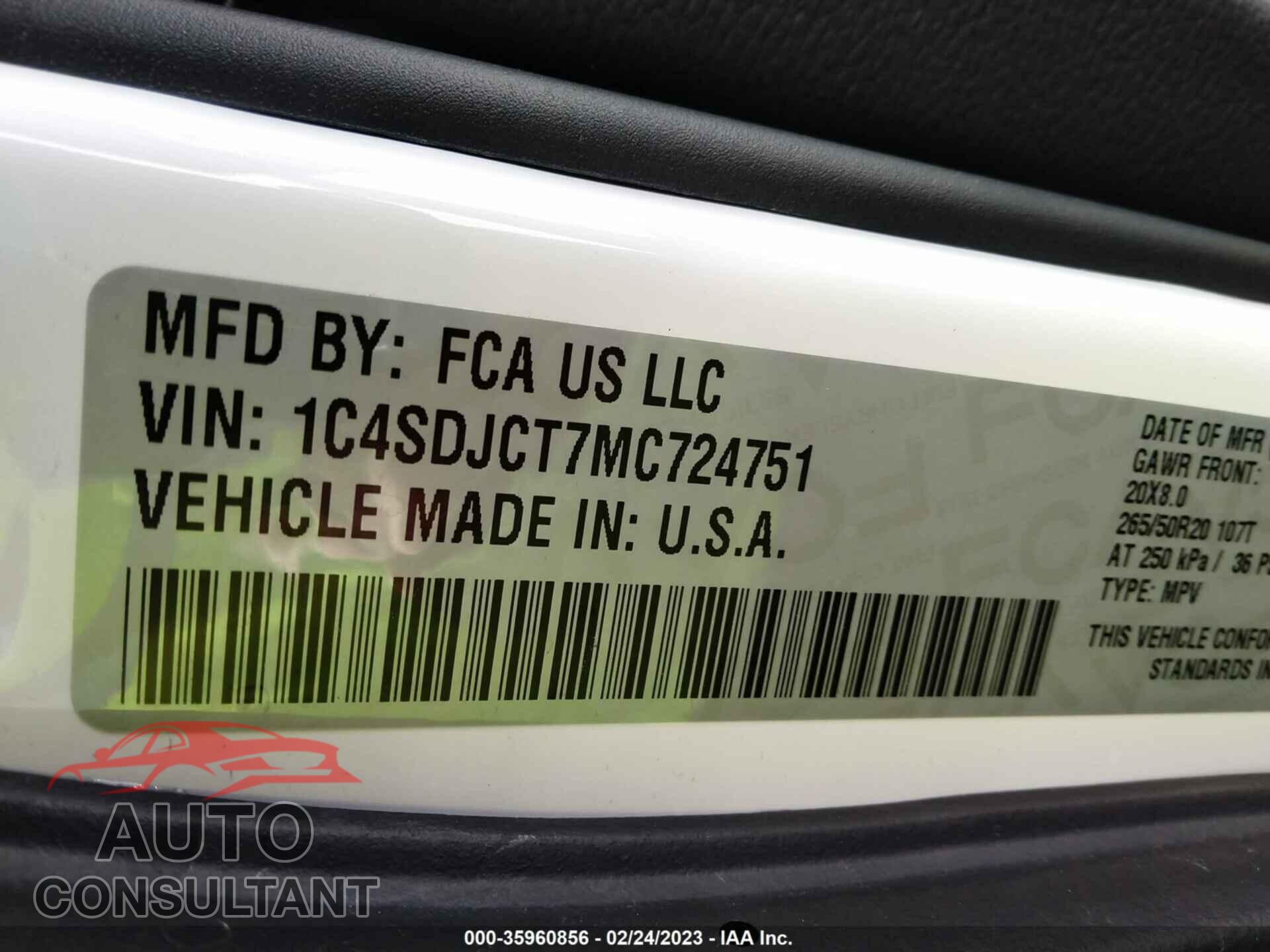 DODGE DURANGO 2021 - 1C4SDJCT7MC724751