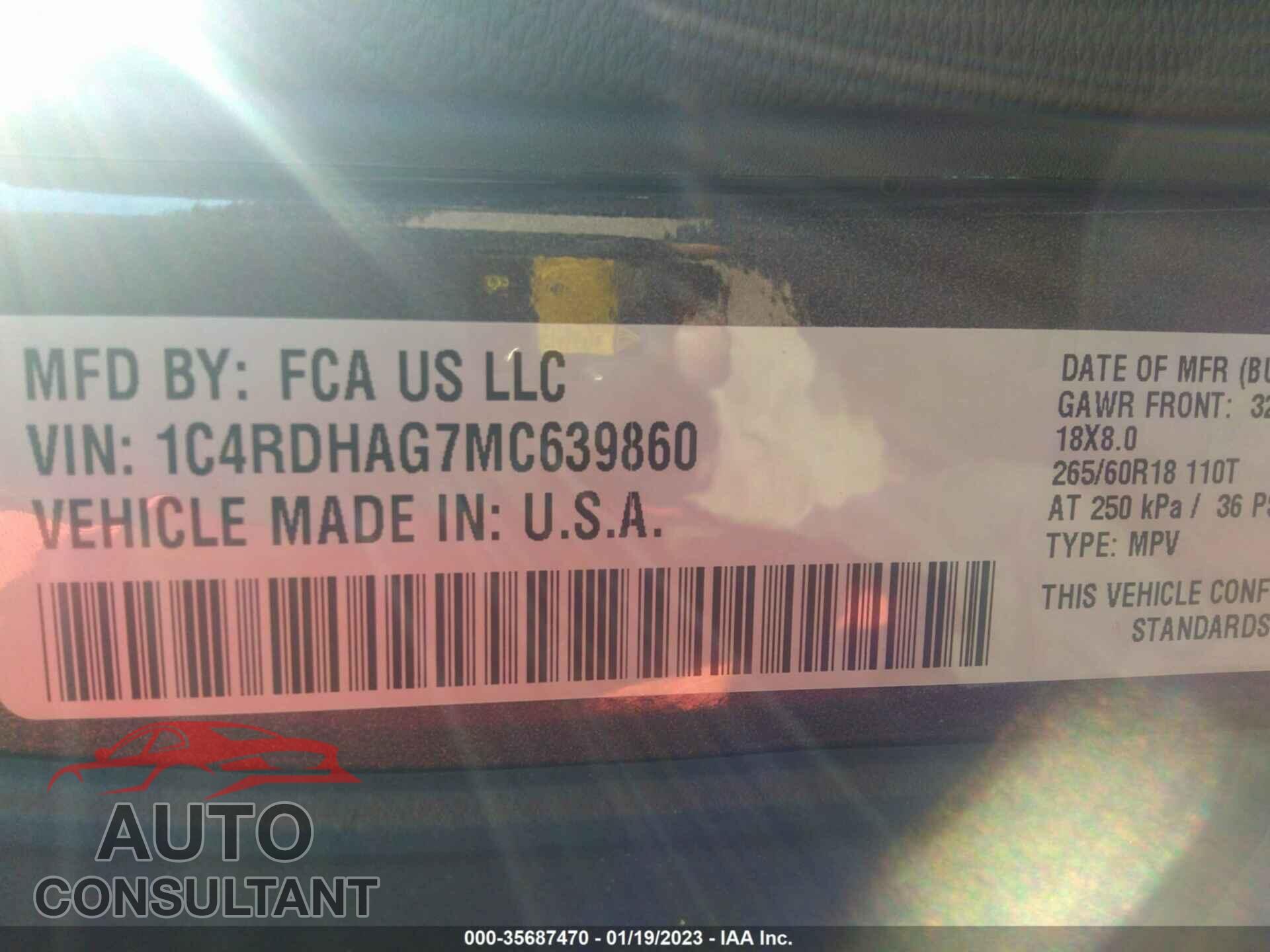 DODGE DURANGO 2021 - 1C4RDHAG7MC639860
