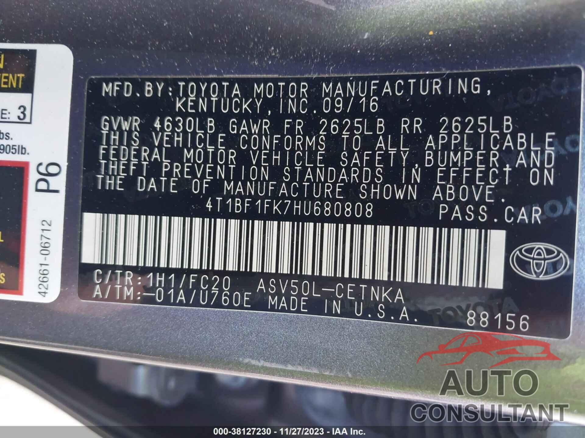 TOYOTA CAMRY 2017 - 4T1BF1FK7HU680808