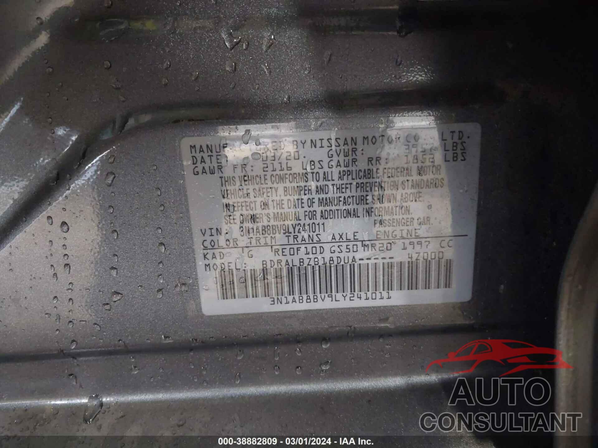 NISSAN SENTRA 2020 - 3N1AB8BV9LY241011