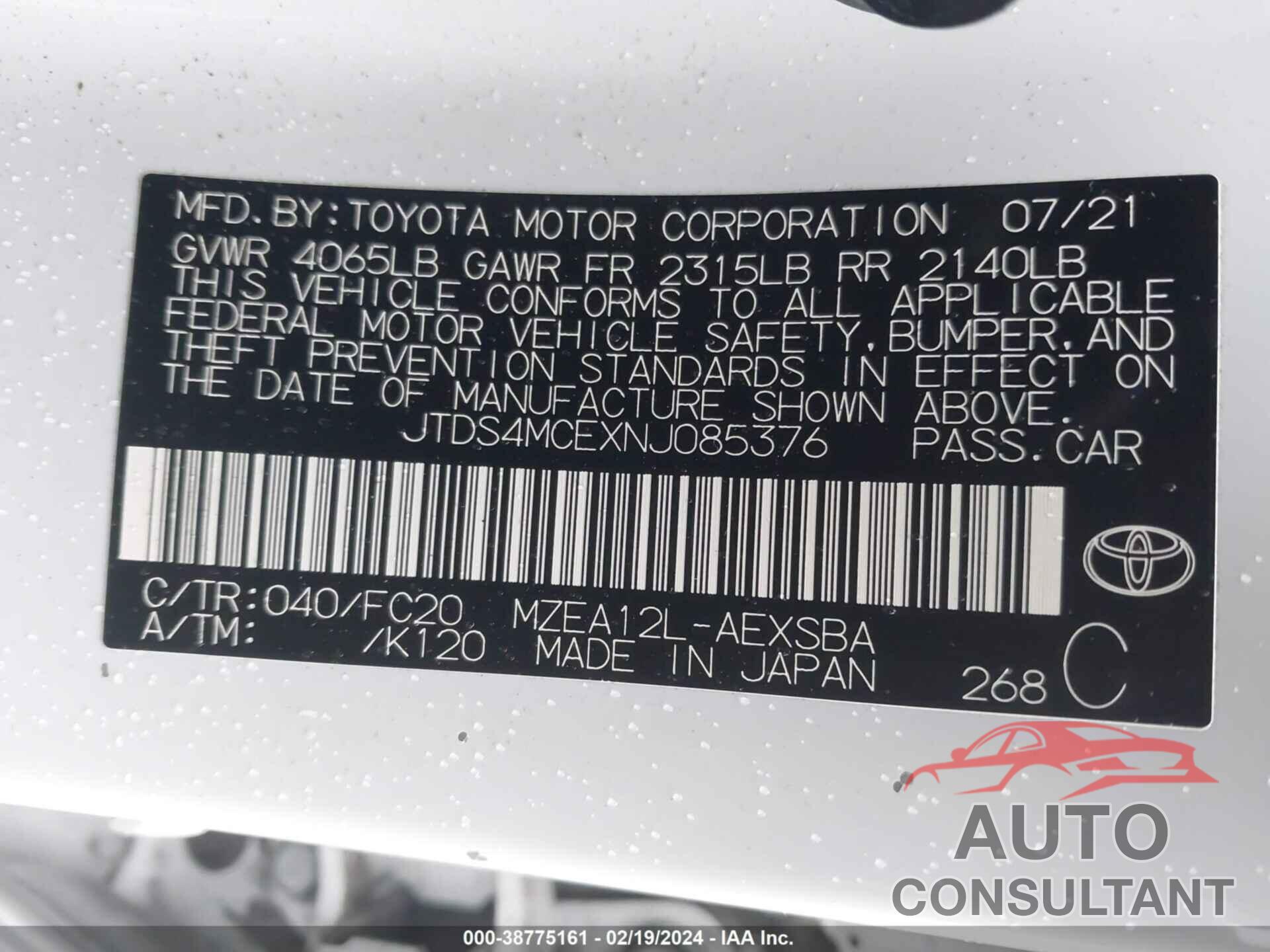 TOYOTA COROLLA 2022 - JTDS4MCEXNJ085376