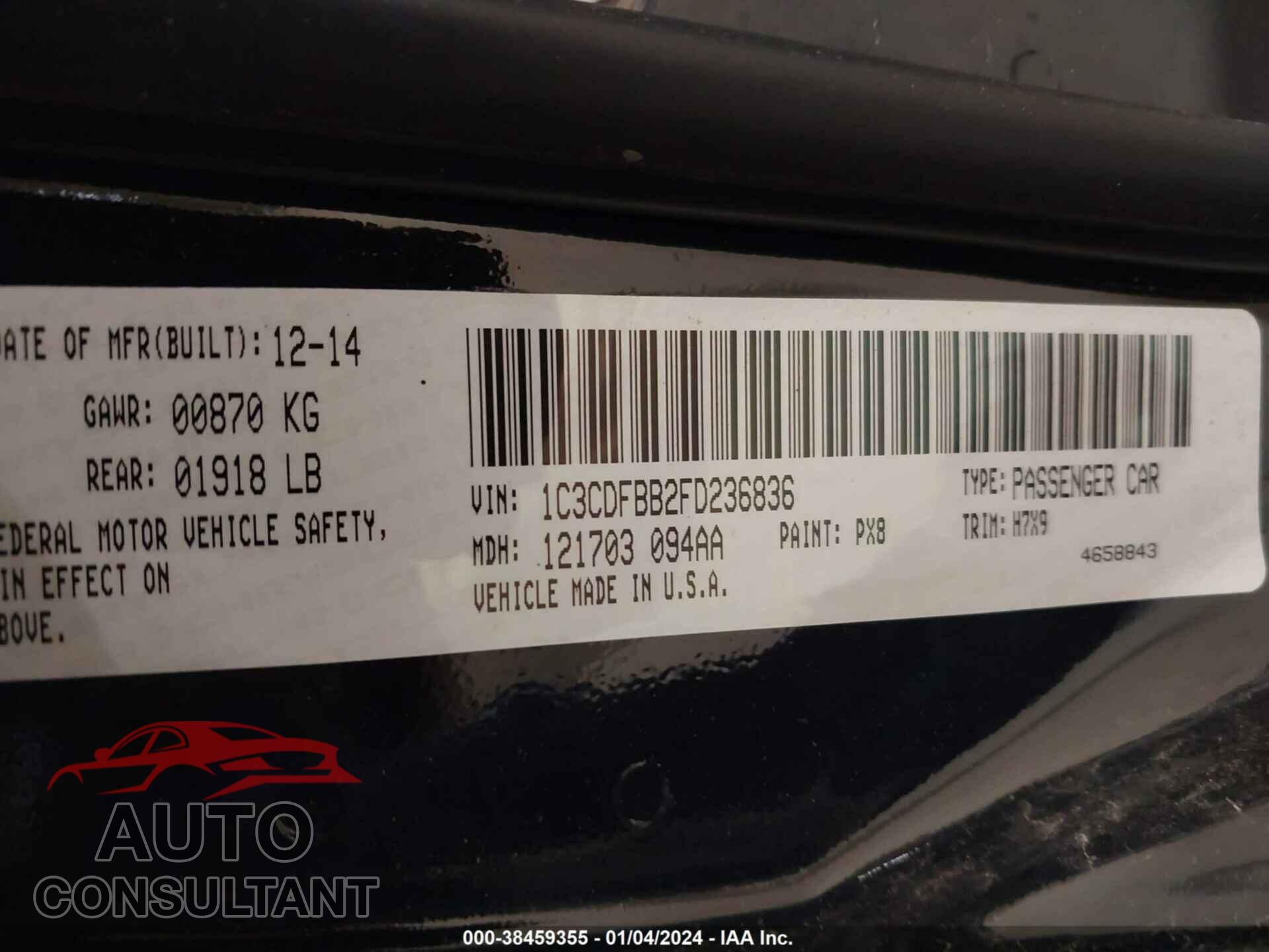 DODGE DART 2015 - 1C3CDFBB2FD236836