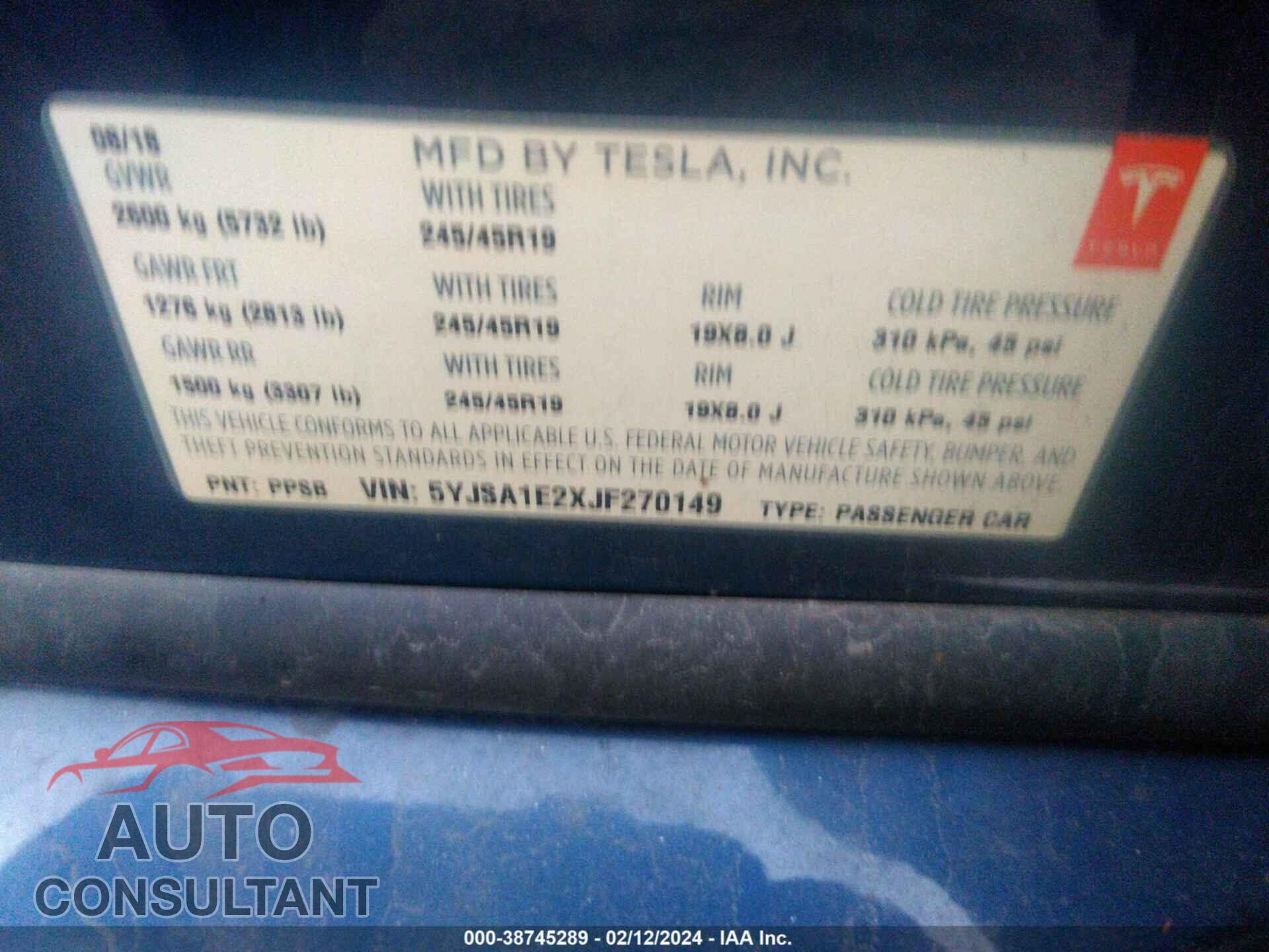 TESLA MODEL S 2018 - 5YJSA1E2XJF270149