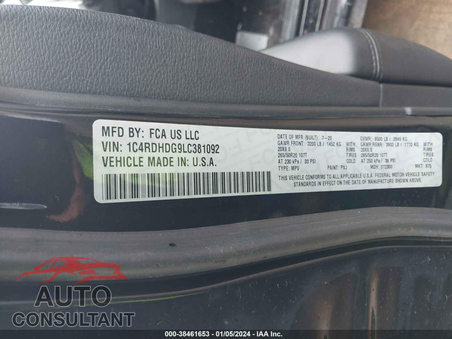DODGE DURANGO 2020 - 1C4RDHDG9LC381092
