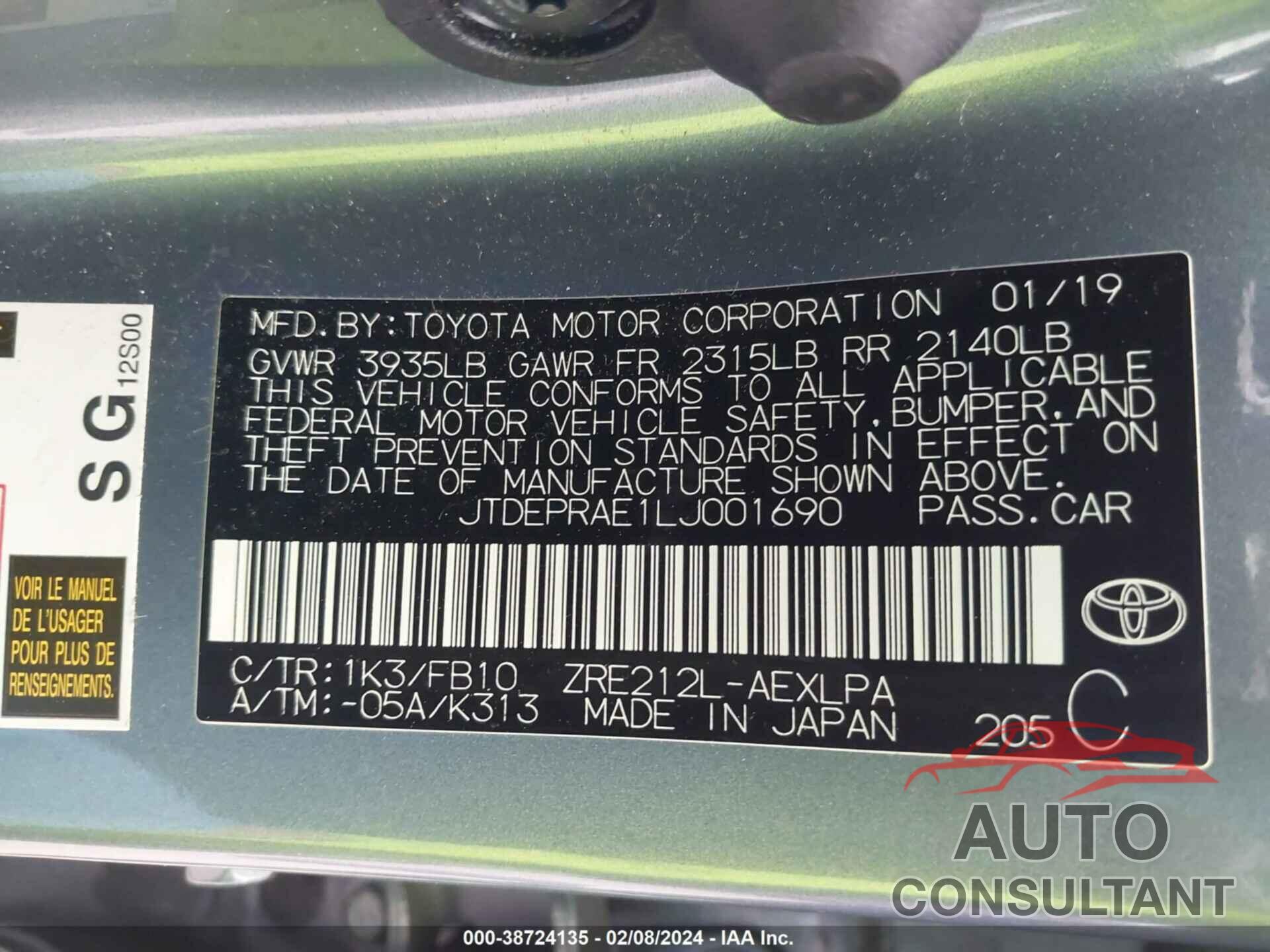 TOYOTA COROLLA 2020 - JTDEPRAE1LJ001690