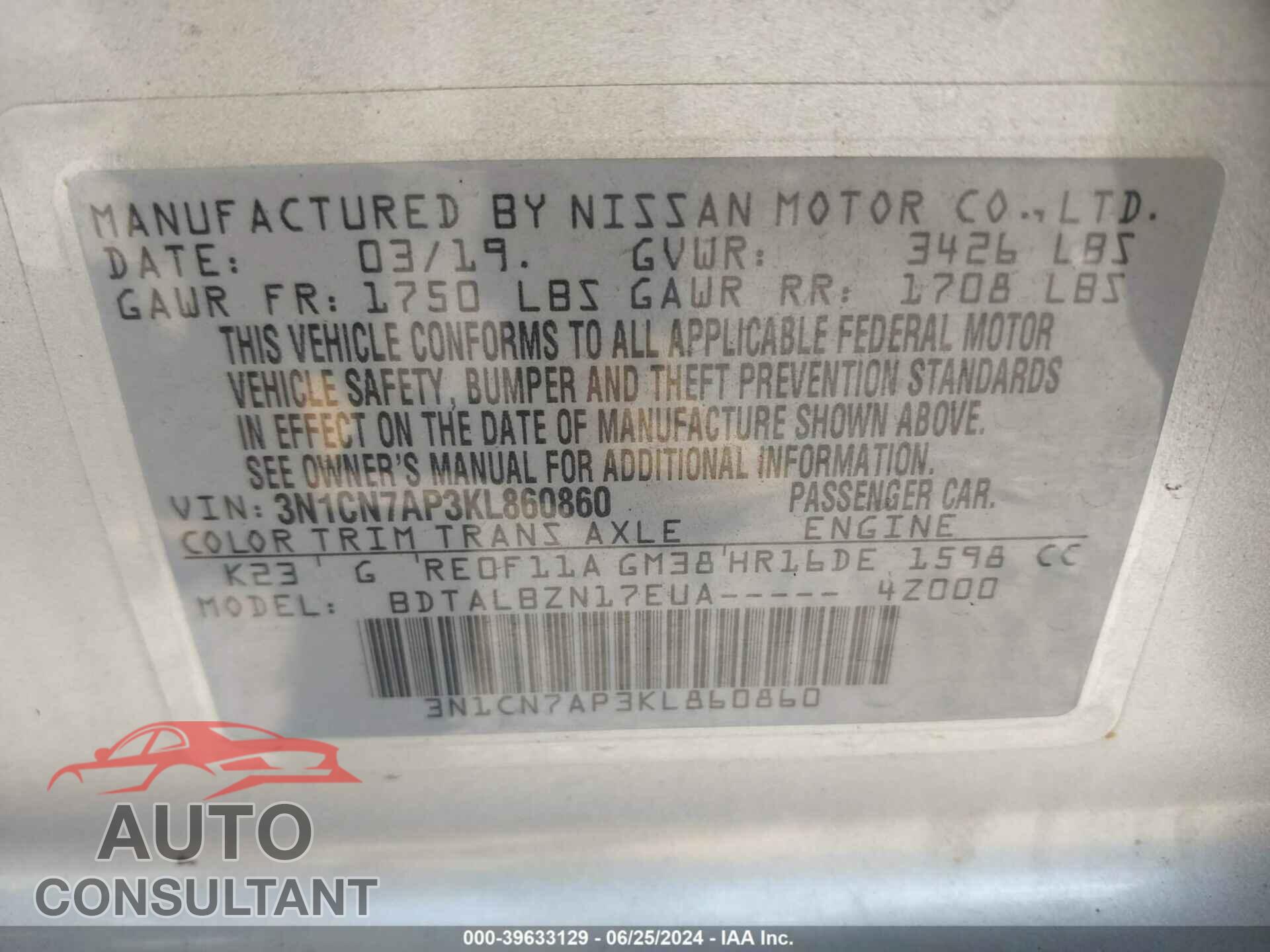 NISSAN VERSA 2019 - 3N1CN7AP3KL860860