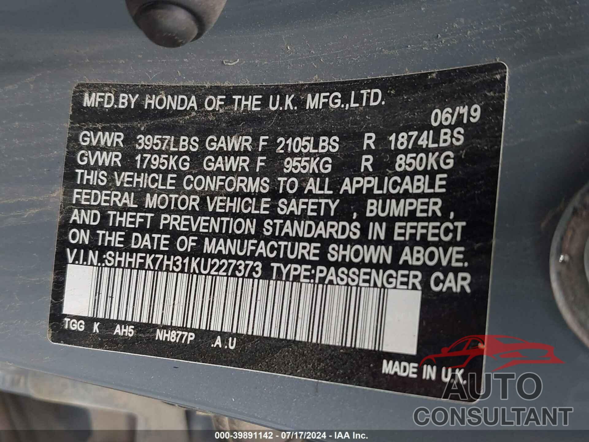 HONDA CIVIC 2019 - SHHFK7H31KU227373