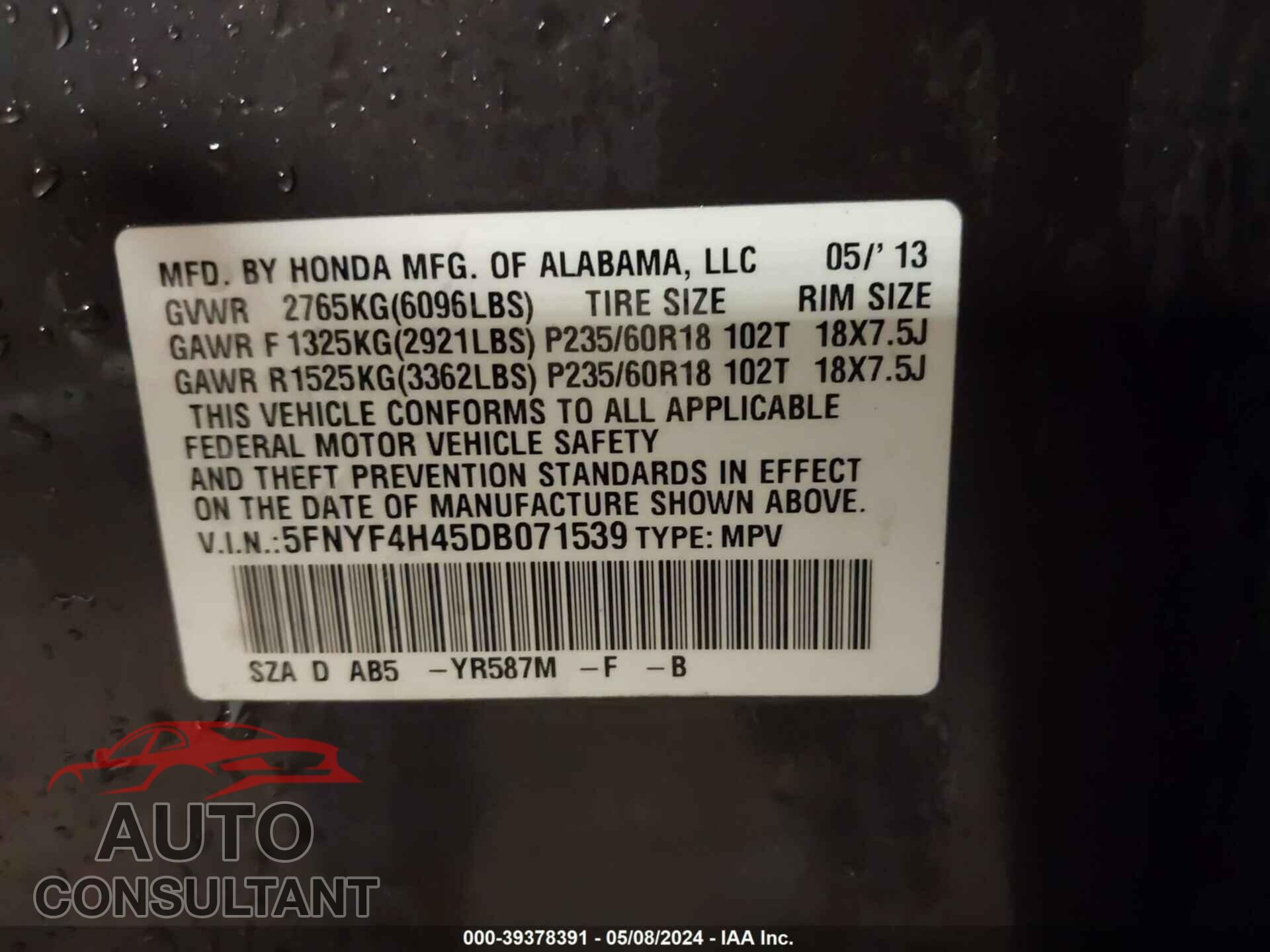 HONDA PILOT 2013 - 5FNYF4H45DB071539