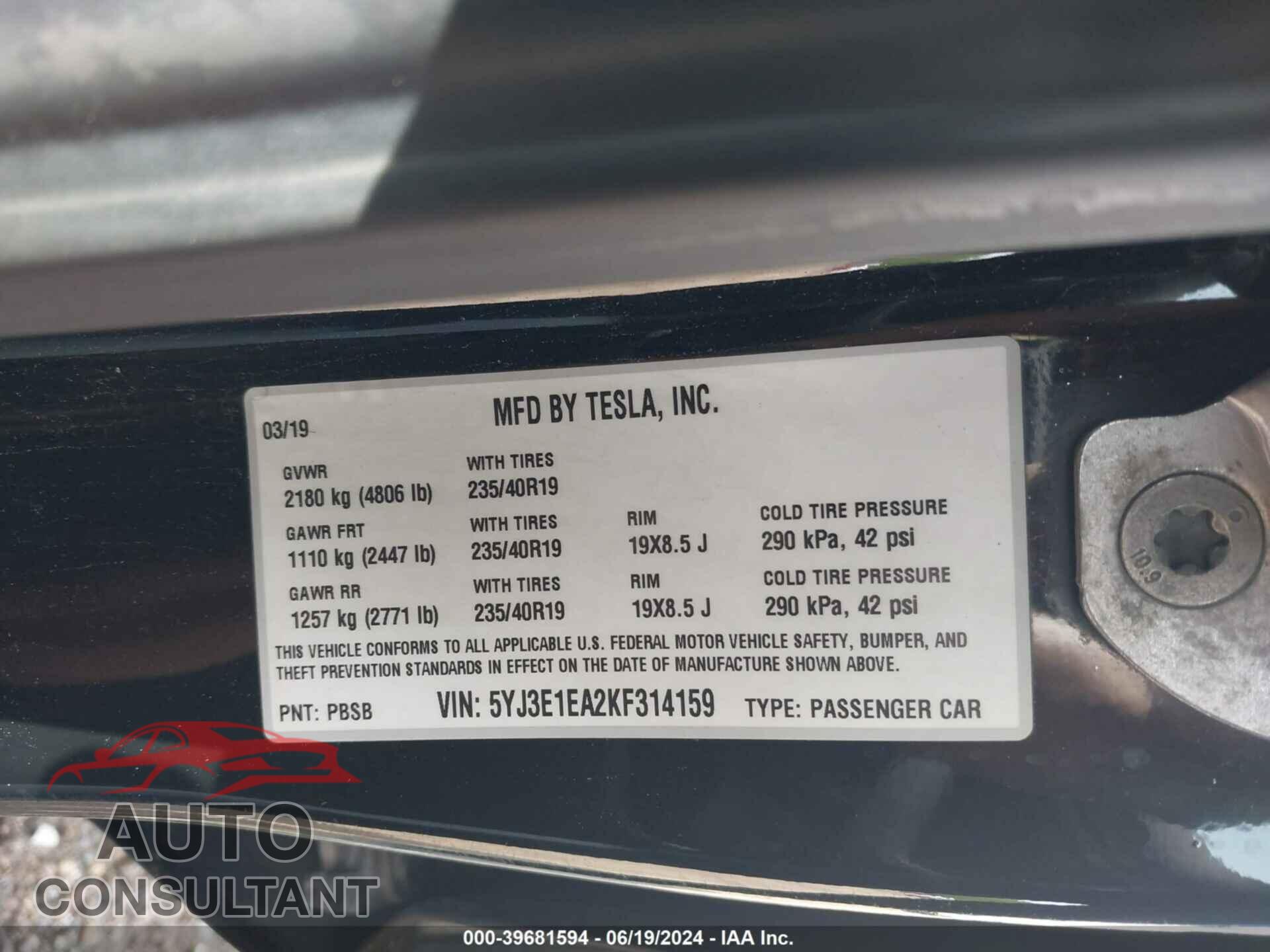TESLA MODEL 3 2019 - 5YJ3E1EA2KF314159