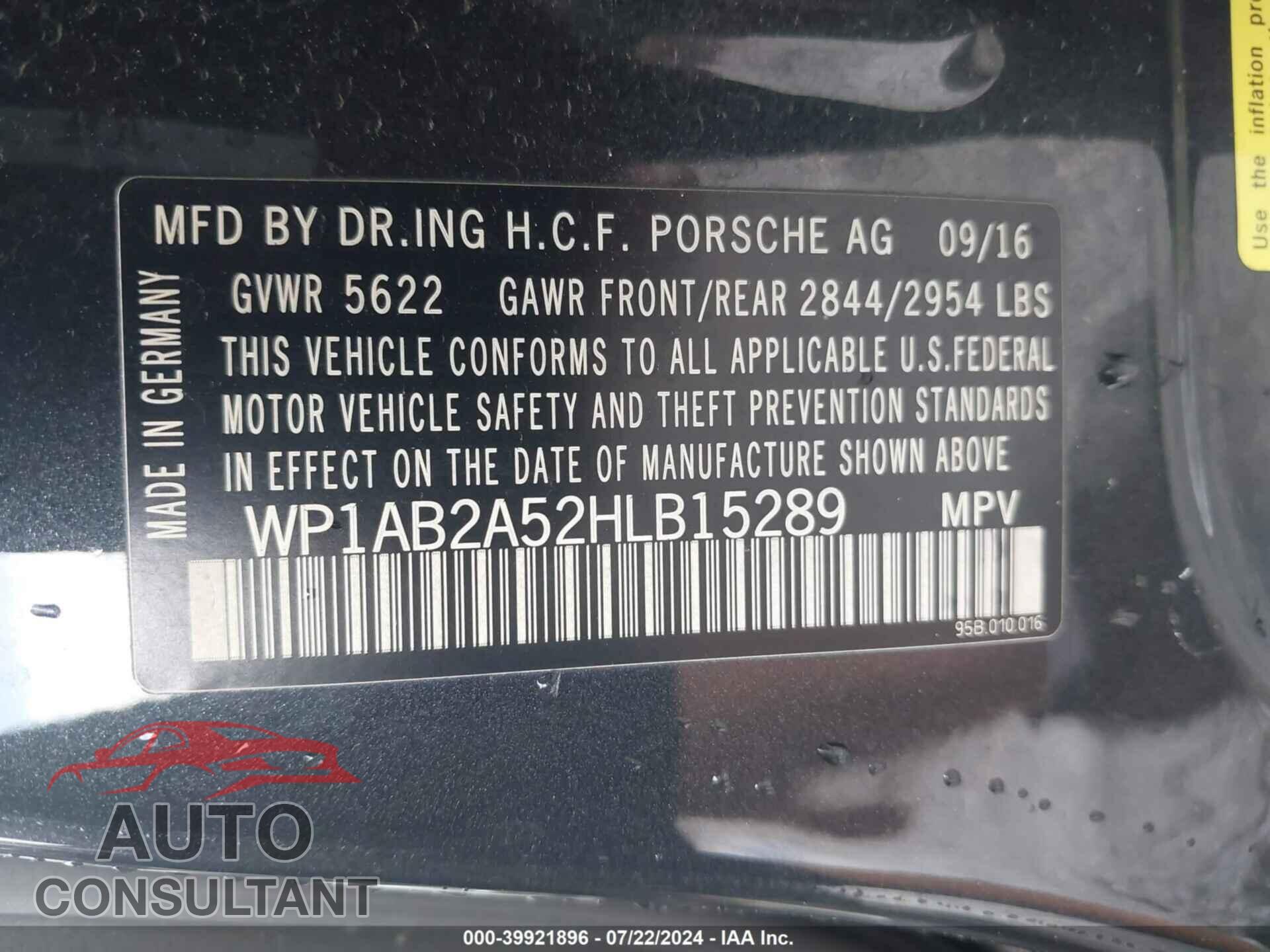 PORSCHE MACAN 2017 - WP1AB2A52HLB15289
